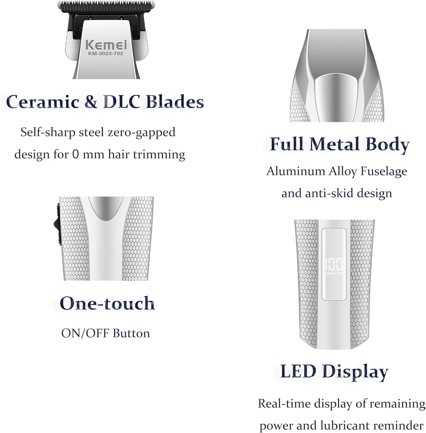 KEMEI 3023-702 Hair & Beard Trimmer for Men, 9000 RPM Zero Gapped Trimmers for Barbers with Full Metal Body, Professional Hair Clippers with LED Display, Ceramic and DLC Blades