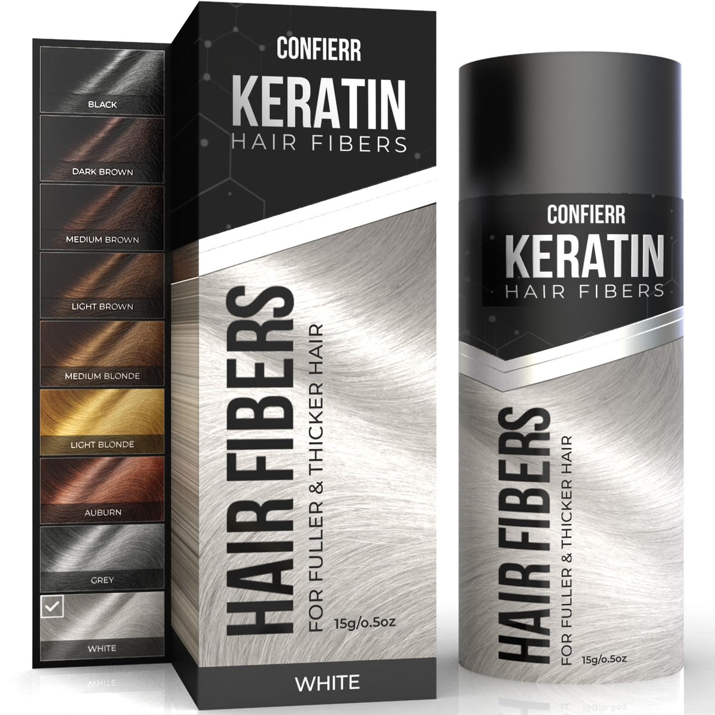 Keratin Hair Fibers for Men & Women - Fill In Fine or Thinning Hair, Instantly Thicker, Fuller Looking Hair (White 15g)
