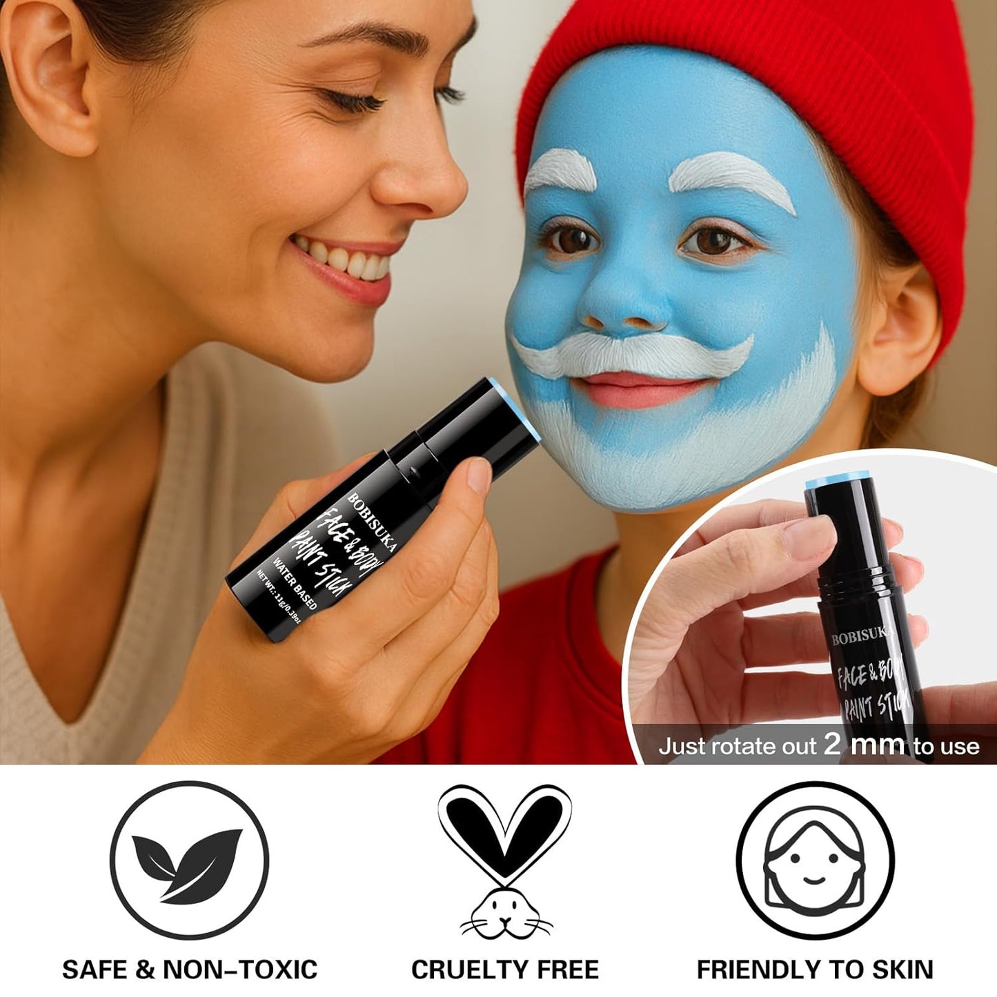 BOBISUKA Light Blue Face & Body Paint Stick Water-Based Washable Face Paint Makeup Stick for Halloween Sally, Corpse Bride, Avatar, Skeleton, Smurf, Cosplay, SFX, Sports Eye Black & Costume Party