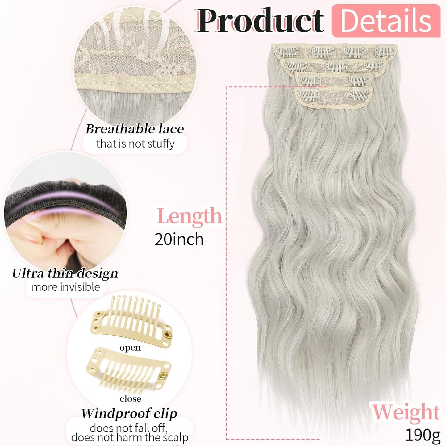 KooKaStyle Clip in Synthetic Hair Extensions Long Wavy 4PCS Thick Hairpieces Silver Grey Blonde Fiber Double Weft Natural Hair Extensions 20 Inch for Women