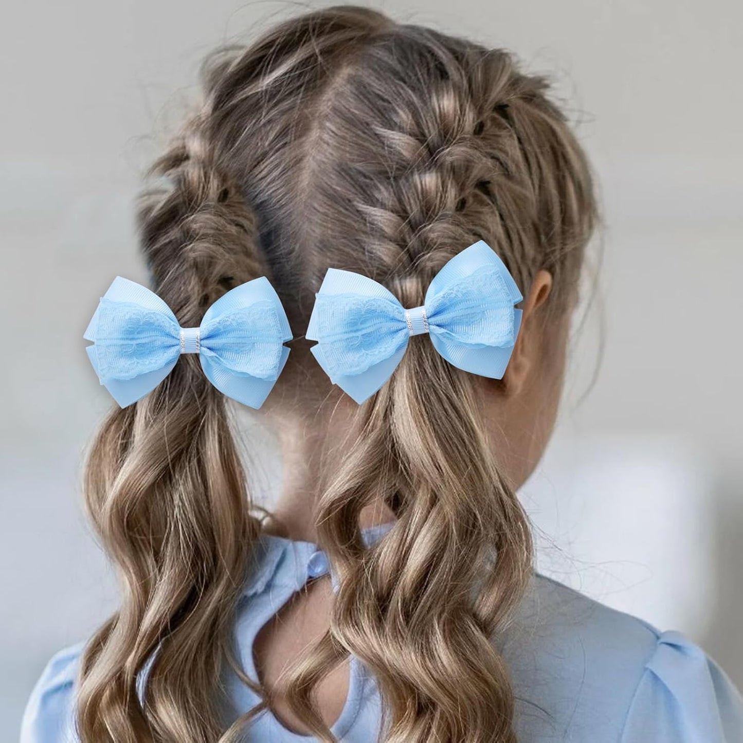 4-Inch Hair Bows Alligator Clips Delicate Lace Hair Accessories for Girls, Toddler, Kids and Women Daily Dress Up Birthday Wedding Christmas Occasions- Set of 2 (Blue)