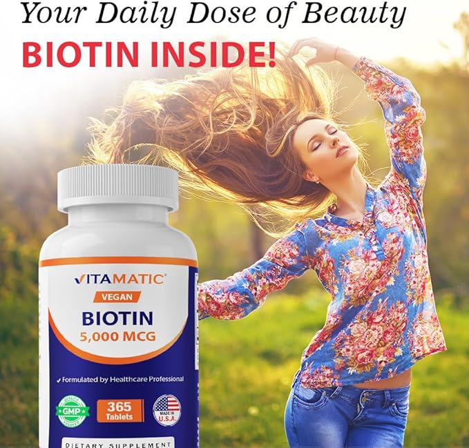 Vitamatic Biotin 5000mcg (5 mg) for Stronger Hair, Skin & Nails - 365 Vegan Tablets- Also Called Vitamin B7