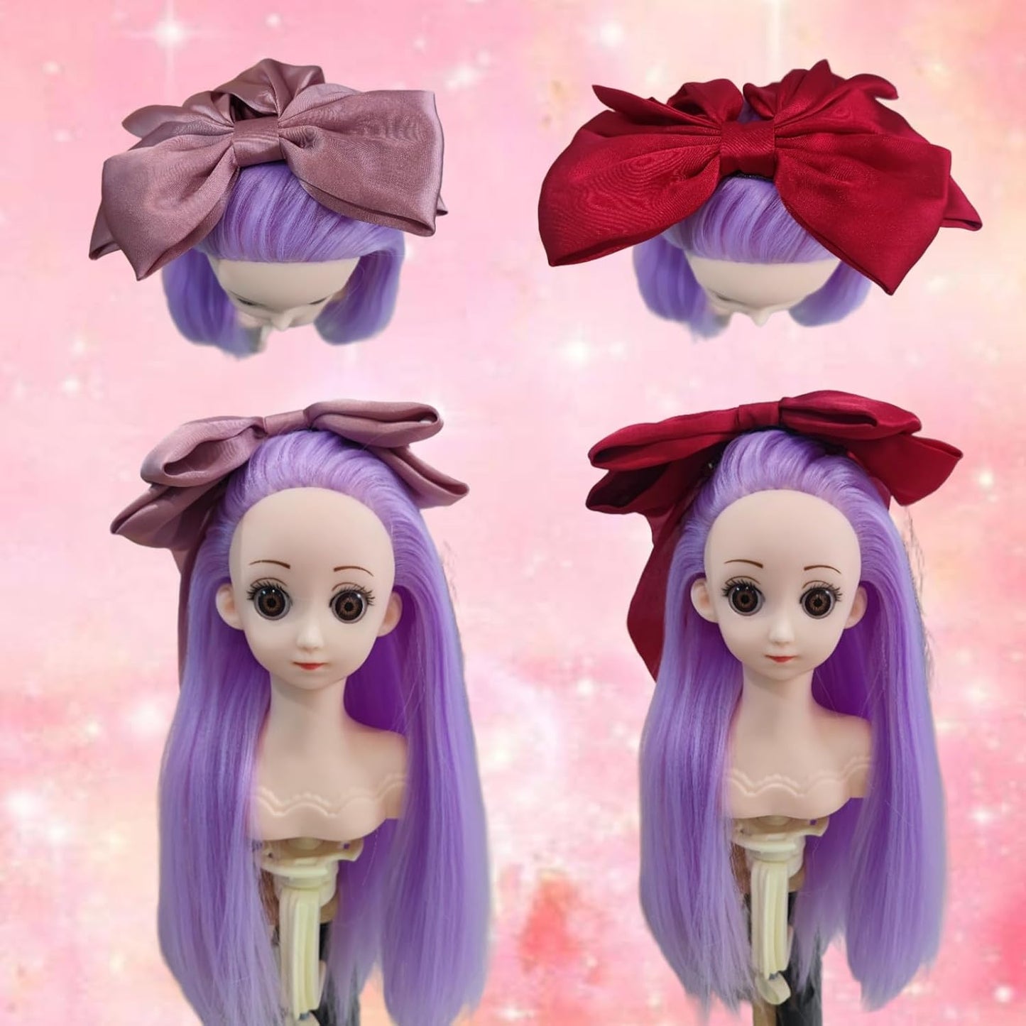 Small Doll Head For Hair Styling,Mini Synthetic Mannequin Head,Doll Head With Clamp Holder & Tools, Practice Doll Head For Hair Braiding,Styling and Cutting with Two Bows (Light purple)