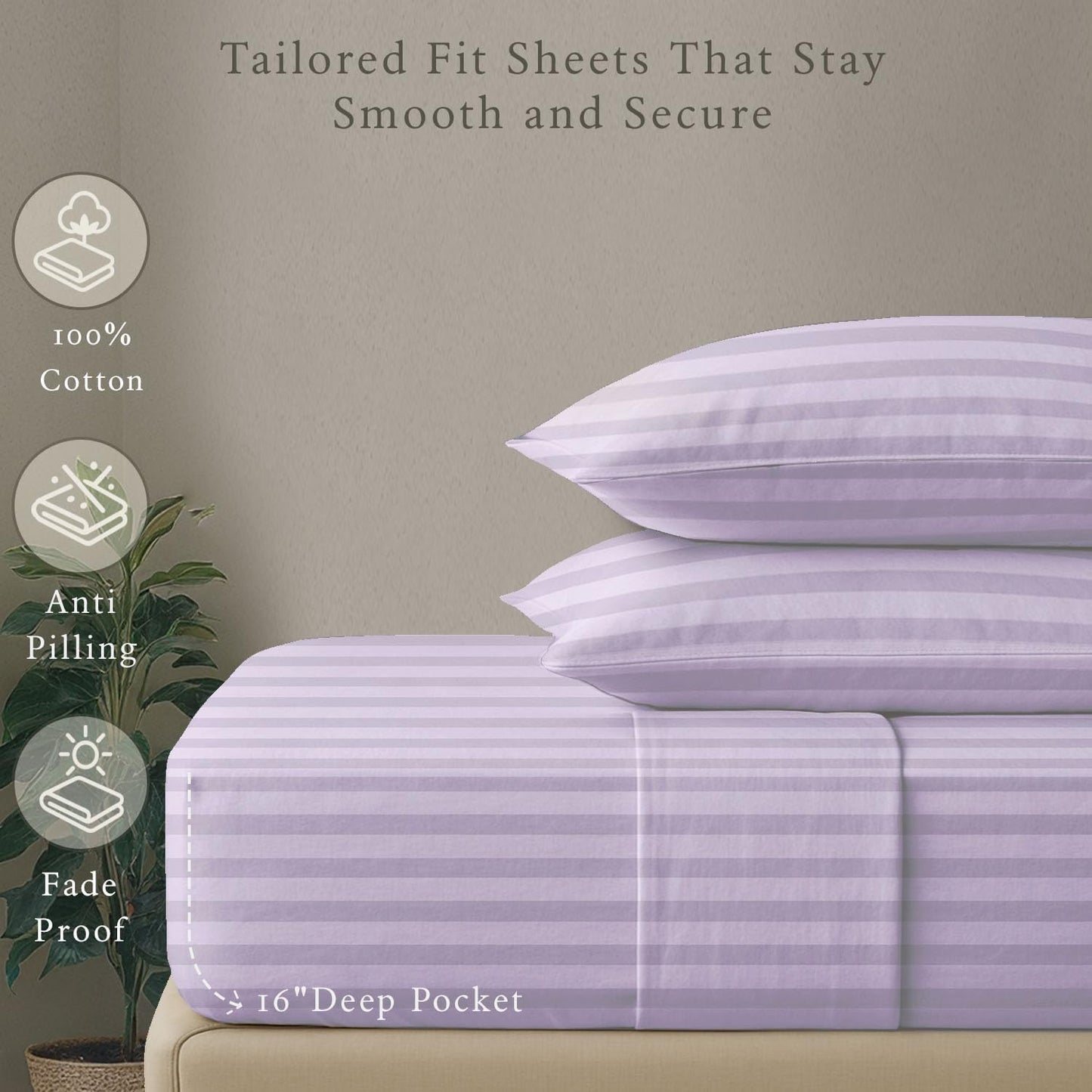 Threadmill 500 Thread Count King Size Damask Stripe, 4 Pc Luxury Cotton Bed Sheet Set, Silky Soft & Breathable Lilac Sheets with 16" Elasticized Deep Pocket, 2 Pillowcases & Free Tote Bag