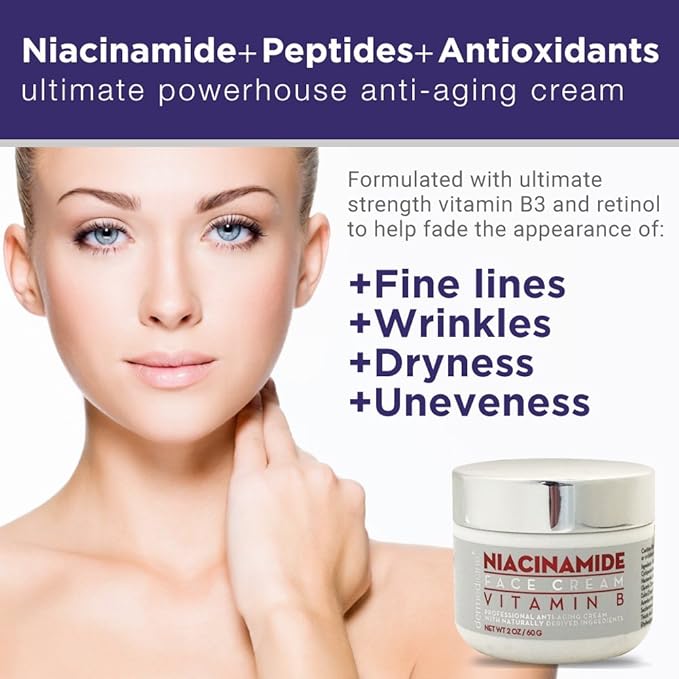 Natural Niacinamide Ultimate Strength Vitamin B Cream for Face | Nourishing Moisturizer w/Vitamin B, Retinol, Grapeseed Extract, Hyaluronic Acid | Helps Smooth the Appearance of Fine Lines and Wrinkl