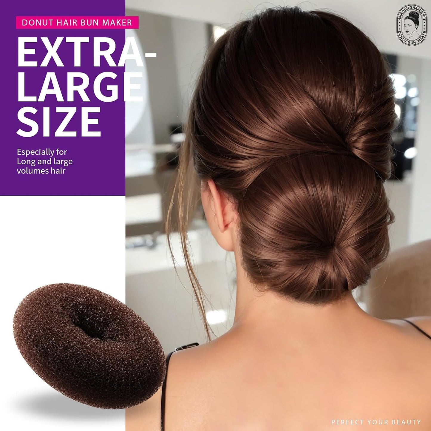 Teenitor Donut Hair Bun Maker Set - 7 Rings (1 Extra-Large, 2 Large, 2 Medium, 2 Small), 5 Elastic Bands, 20 Hair Pins, Dark Brown