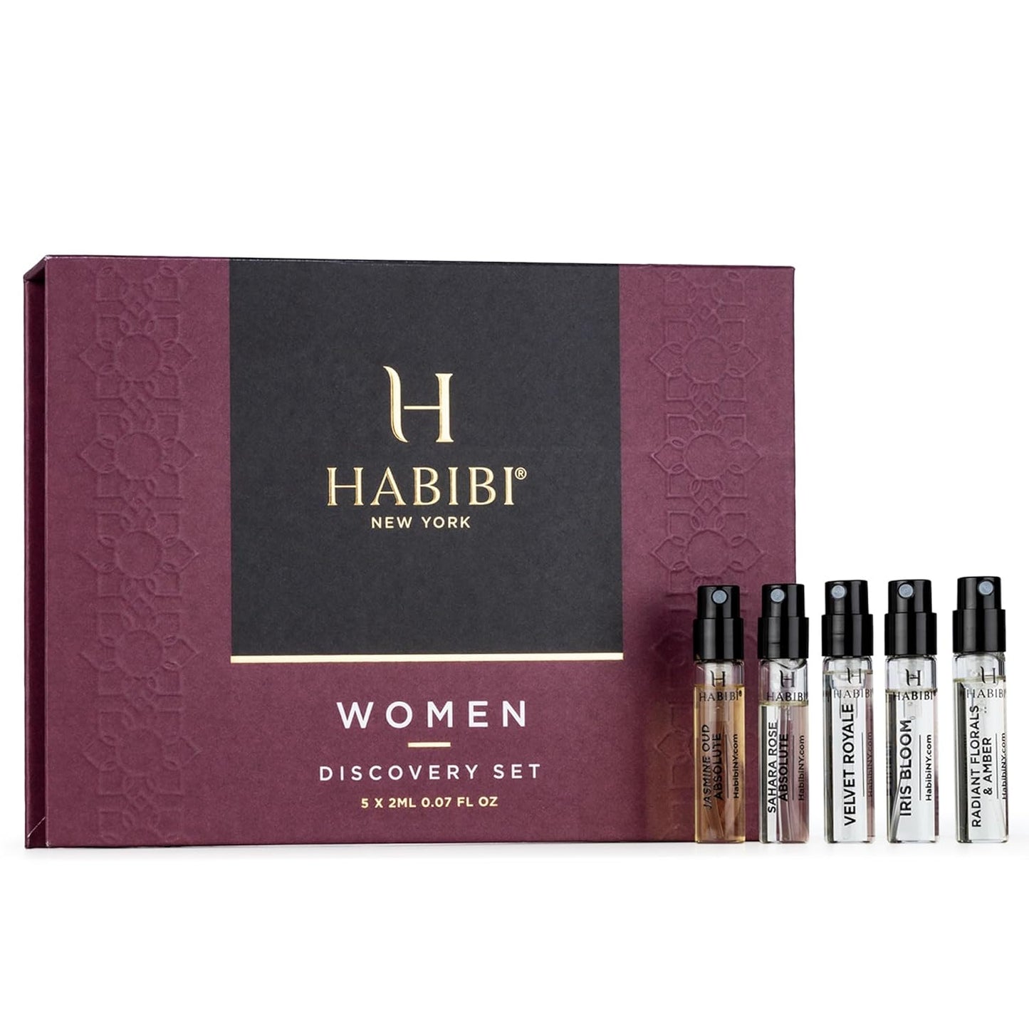 H HABIBI Deluxe Women's Discovery Perfume Sample Set – Luxury Eau De Parfum Fragrance Sampler for Women, Includes Iris, Magnolia, Jasmine Oud & Rose, Travel Size Gift Set, 5 x 2ml