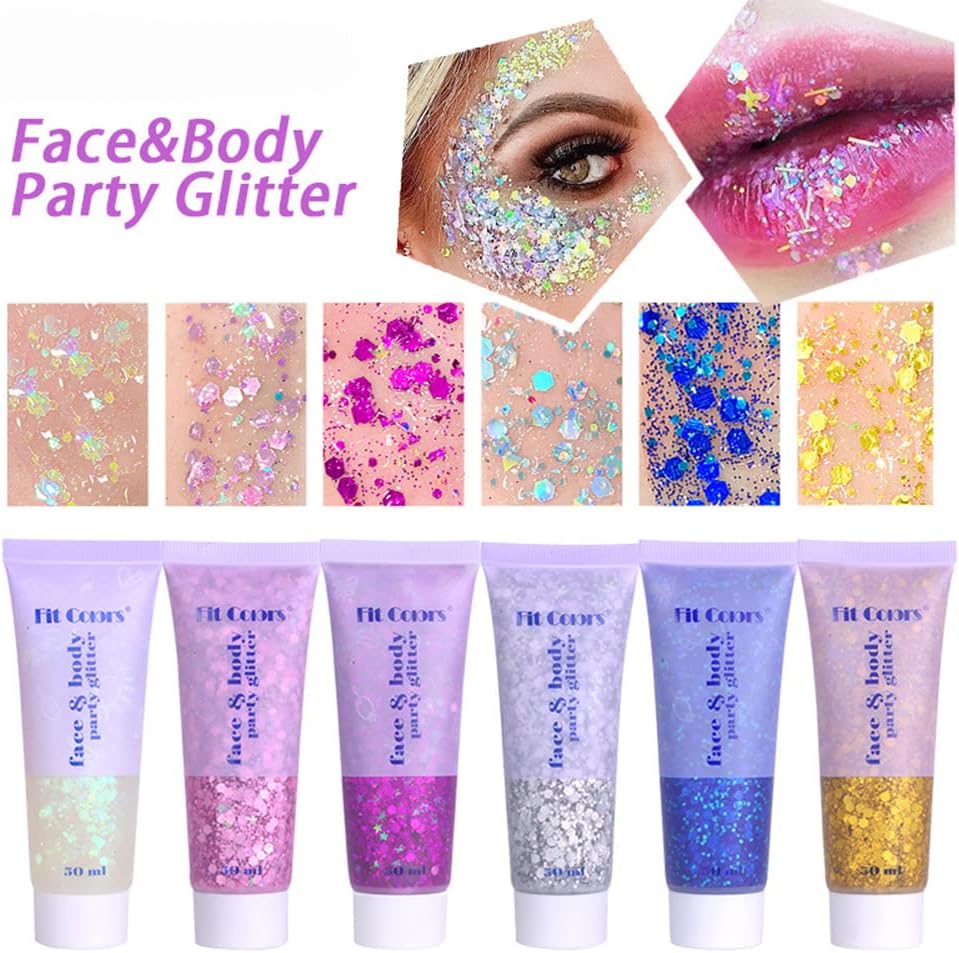 Gold Body Glitter, Mardi Gras Face Glitter Gel, Mermaid Sequins Lip Eye Nails Hair Body Glitter Makeup, Liquid Holographic Chunky Glitter Singer Concerts Music Festival Rave Accessories,50g