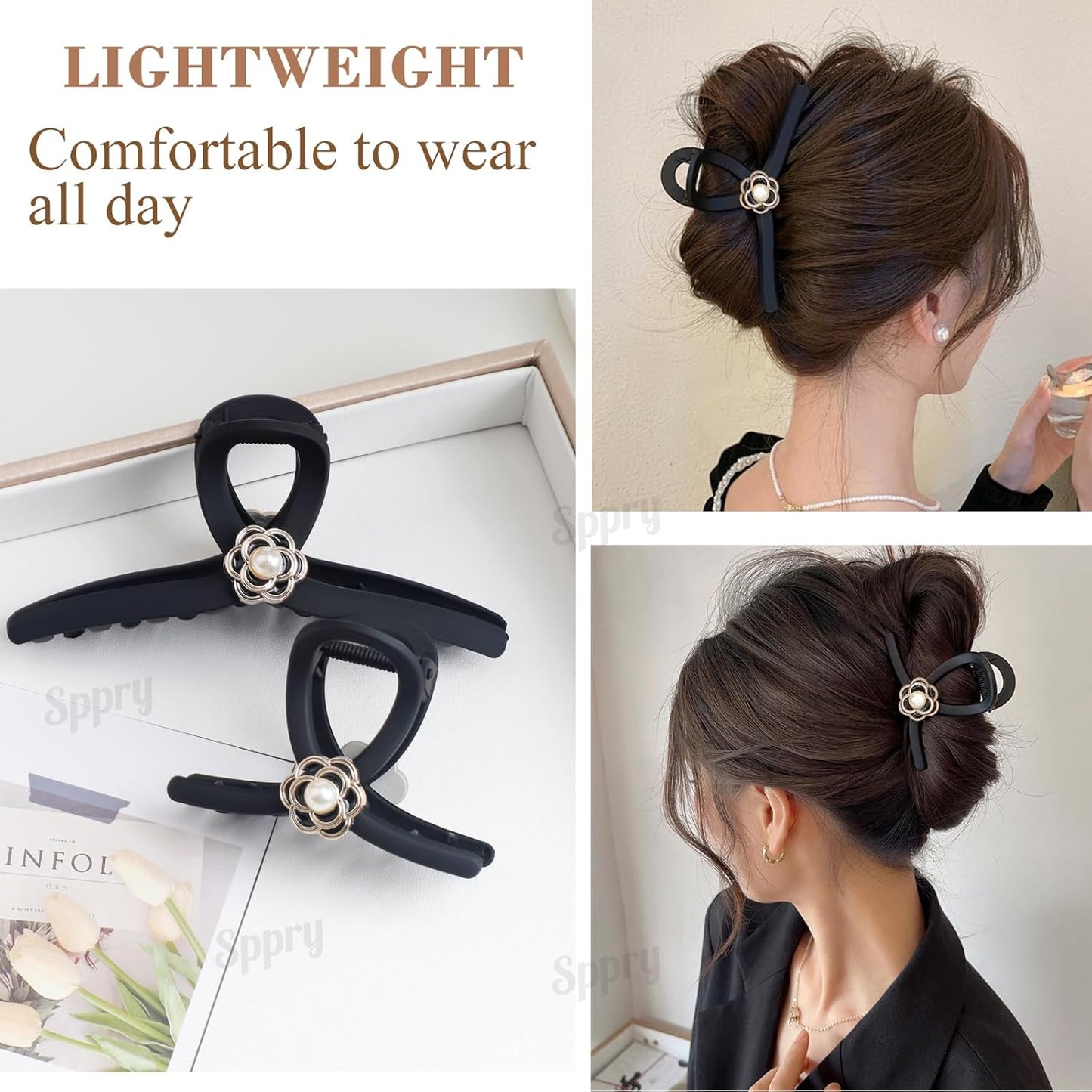 Elegant Pearl Hair Claw Clips for Women Thin Hair, Set of 3, Brown & Black (Medium 3 Inch)