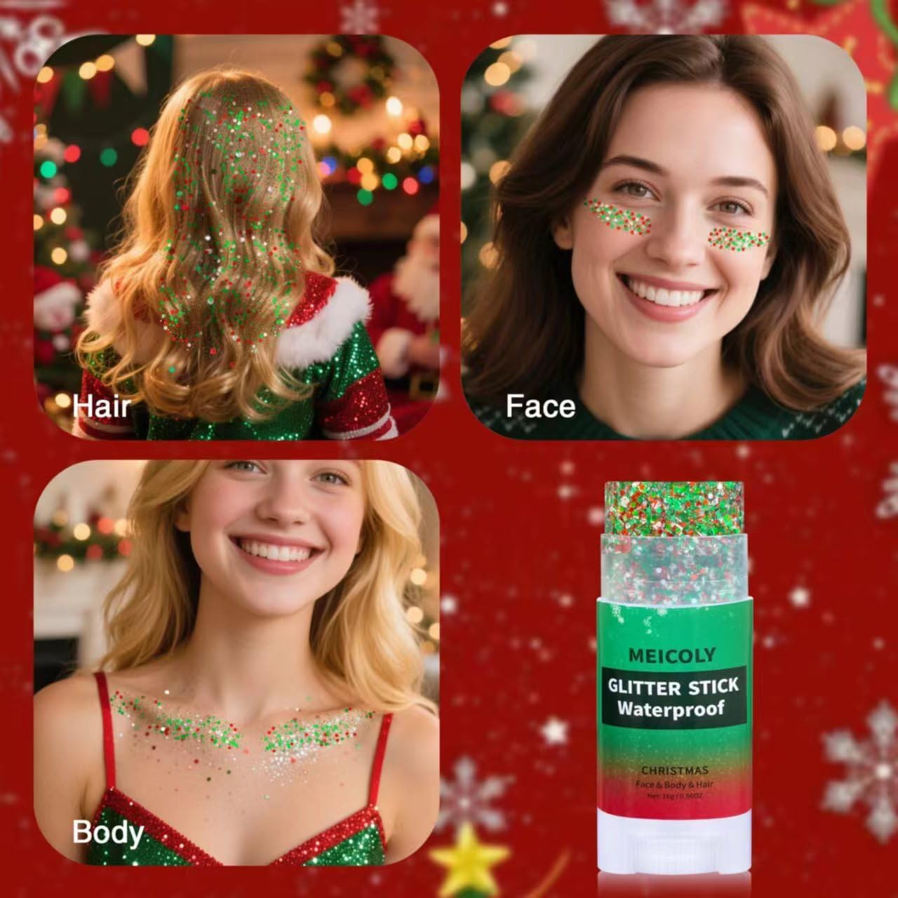 MEICOLY Red and Green Face Body Glitter Stick for Christmas,Hair Glitter Stick for Kids and Women,Sparkle Christmas Glitter Makeup,Chunky Face Glitter for Festival Party Rave Accessories