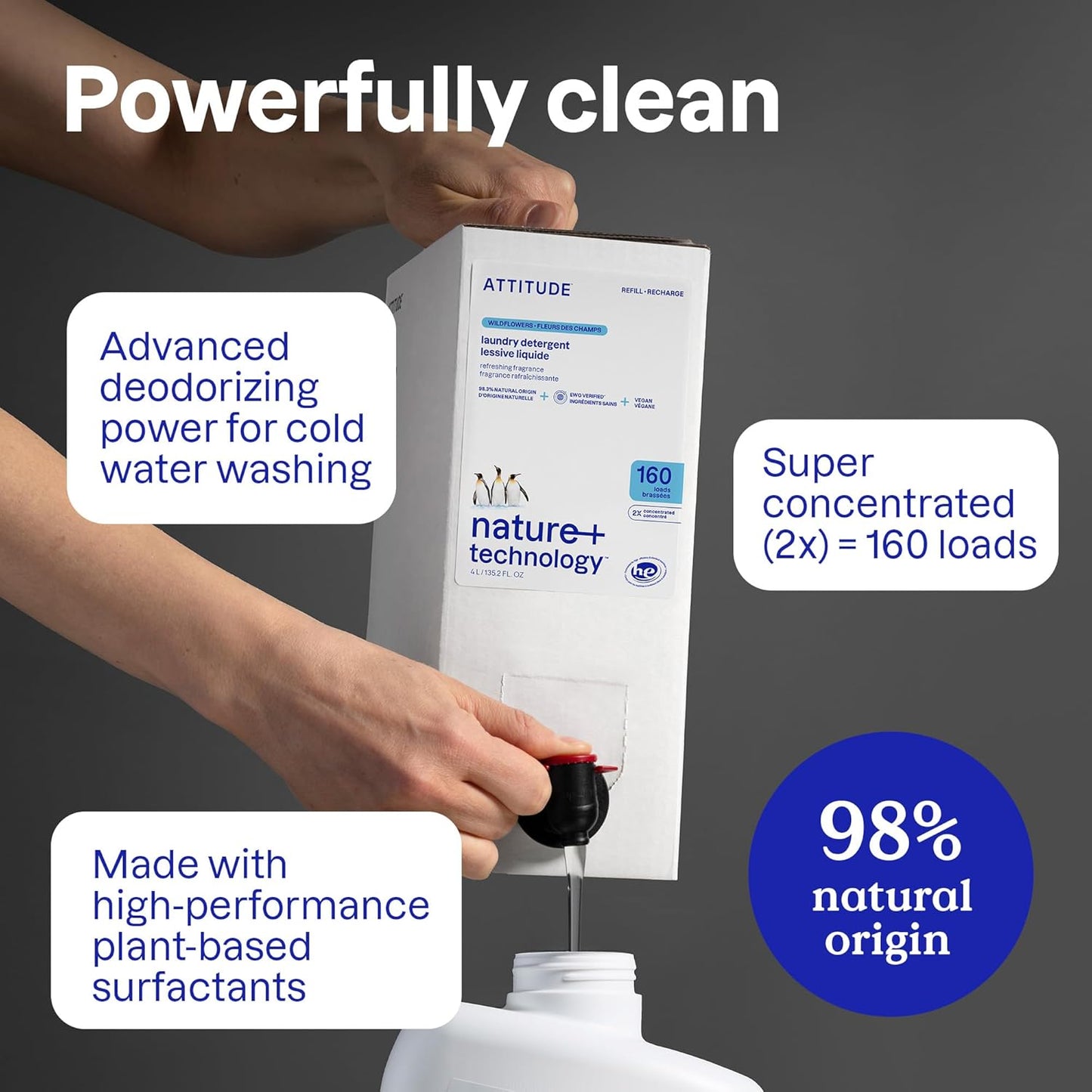 ATTITUDE Liquid Laundry Detergent Refill, EWG Verified, HE Compatible, Plant-Based & Vegan, Natural Laundry Soap, Wildflowers Scent, 160 Loads, 135.26 Fl Oz