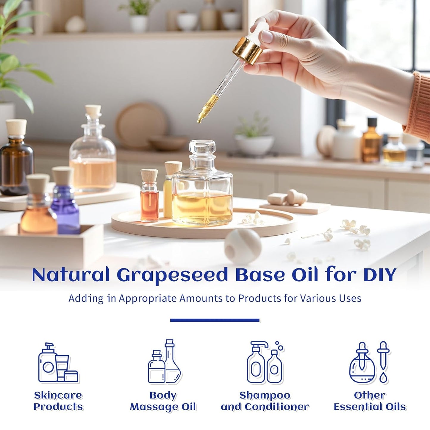 HIQILI 3.38 Fl Oz Organic Grapeseed Oil for Hair, for Skin, Carrier Oil for Essential Oils Mixing, 100% Pure & Natural-100ML