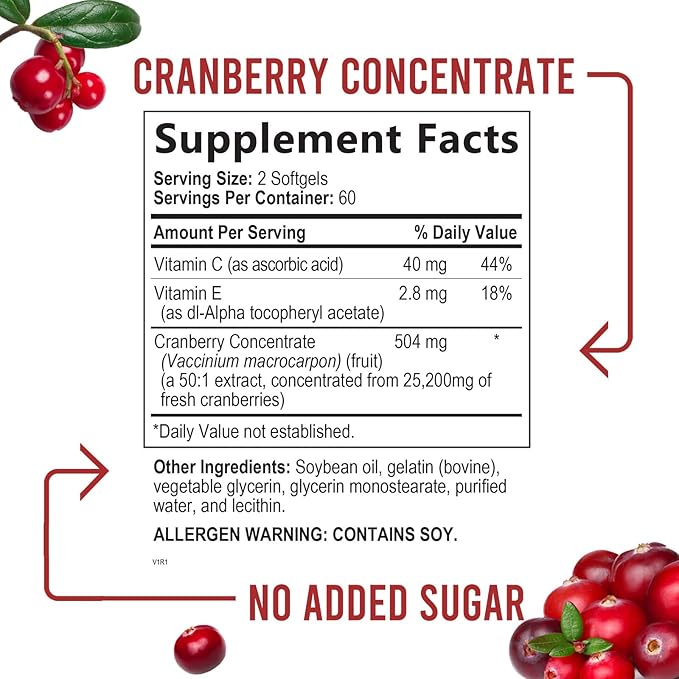 Cranberry Concentrate Extract Supplement for Women 25,200mg Formula 120 Softgels