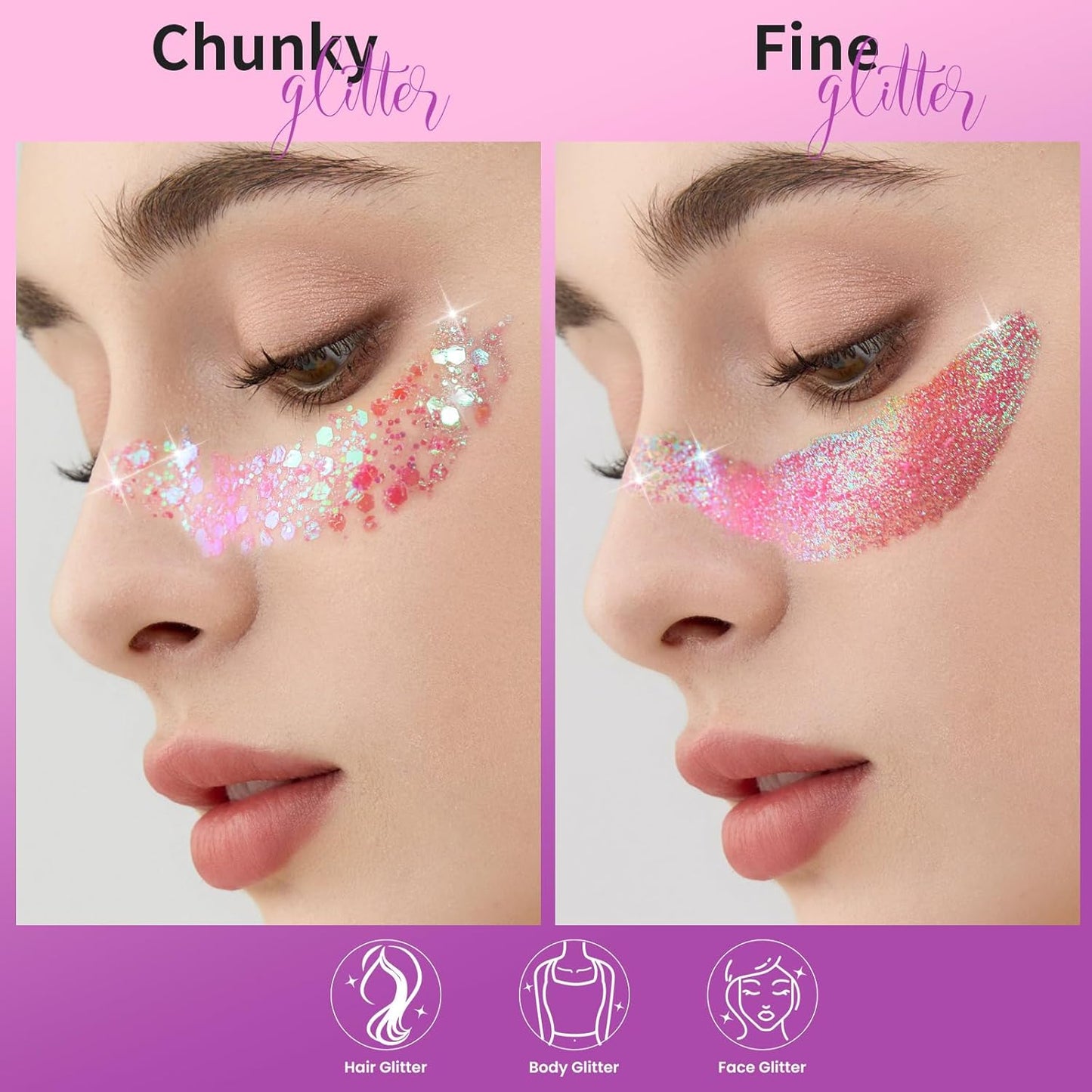 Teenitor Face Glitter, 2pcs Pink Body Glitter Gel, 20g/0.7oz Makeup Glitter for Face, Body, Eye, Hair Glitter Gel, Pink Glitter Gel for Face & Body - 2 Sizes, Festival Glitter Gel