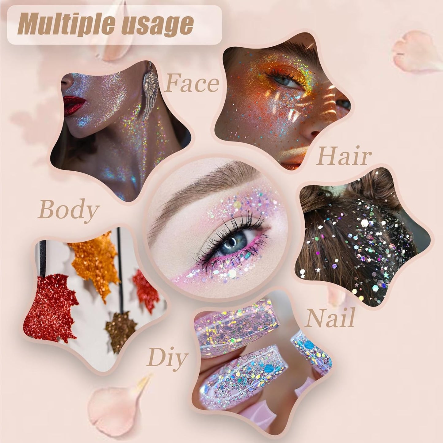 Face Body Glitter, Hair Glitter Sparkles Chunky Face Glitter Gel for Girls Makeup Singer Concerts Mermaid Festival Sequins Face Paint (White+Silver+Pink+Gold+Light Blue)