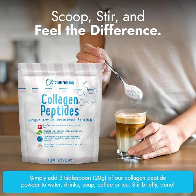 Zimmermann Collagen Peptides Powder 2.2lb 1000g, Produce of Switzerland from Swiss Grass Fed Cows, Hydrolyzed, Unflavored, for Women & Men - Hair, Skin, Nail, & Joint Support, Keto, Type I and III,
