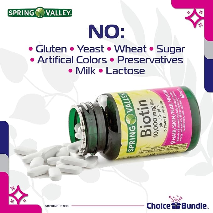 Spring Valley Biotin Softgels 1000mcg Dietary Supplement for Hair Skin Nail Health 150 Ct 2 pk (300 Total) + Vitamin Guide & Pill Container (4 Items)!