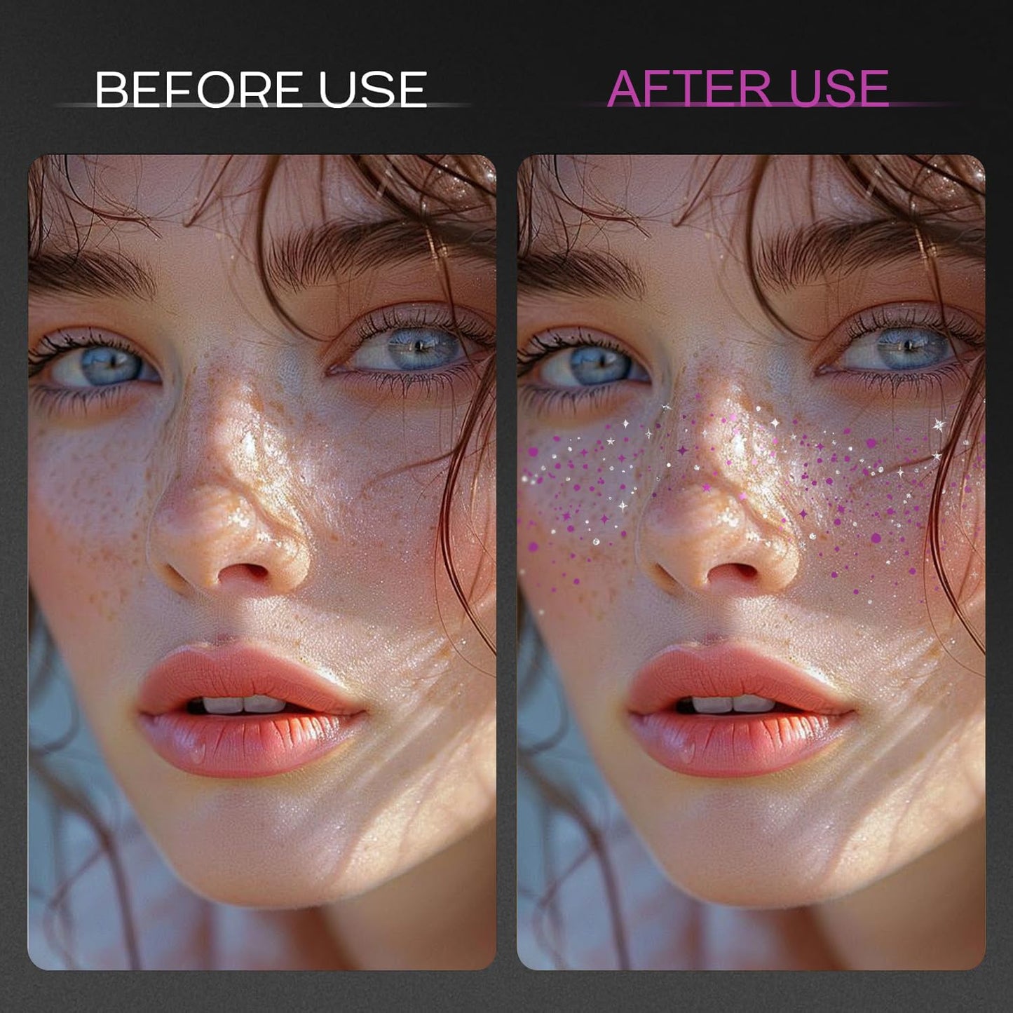 10 Pcs Purple and Silver Dual-tone Glitter Freckles, Halloween Glitter Freckle Face Tattoos, Waterproof Face Sparkle Temporary Tattoos, Long-lasting 48h Halloween Makeup for Women and Kids