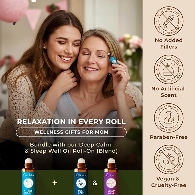 Gya Labs Stress Relief Essential Oil Roll on - Relaxing Gifts for Women & Men, 100% Pure Natural Essential Oil Roller, Blend with Ylang Ylang, Orange, Geranium & Lemongrass, Travel Size (0.34 Fl Oz)