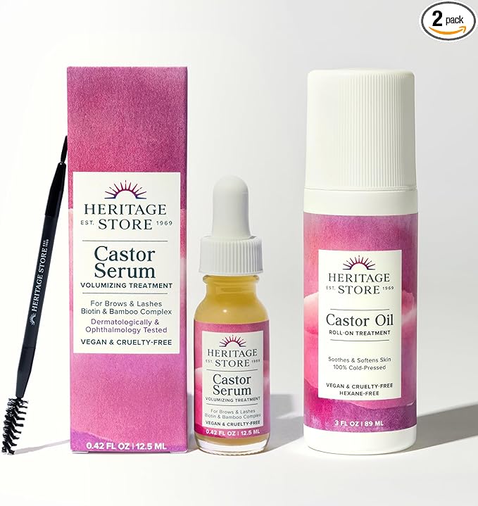 HERITAGE STORE Castor Serum and Castor Oil Roll On - Lash Serum for Fuller, Longer Looking Eyelashes w/Organic Castor Oil, Black Castor Oil, Biotin - Roll-On Hydration for Castor Oil Pack 3oz /0.42oz