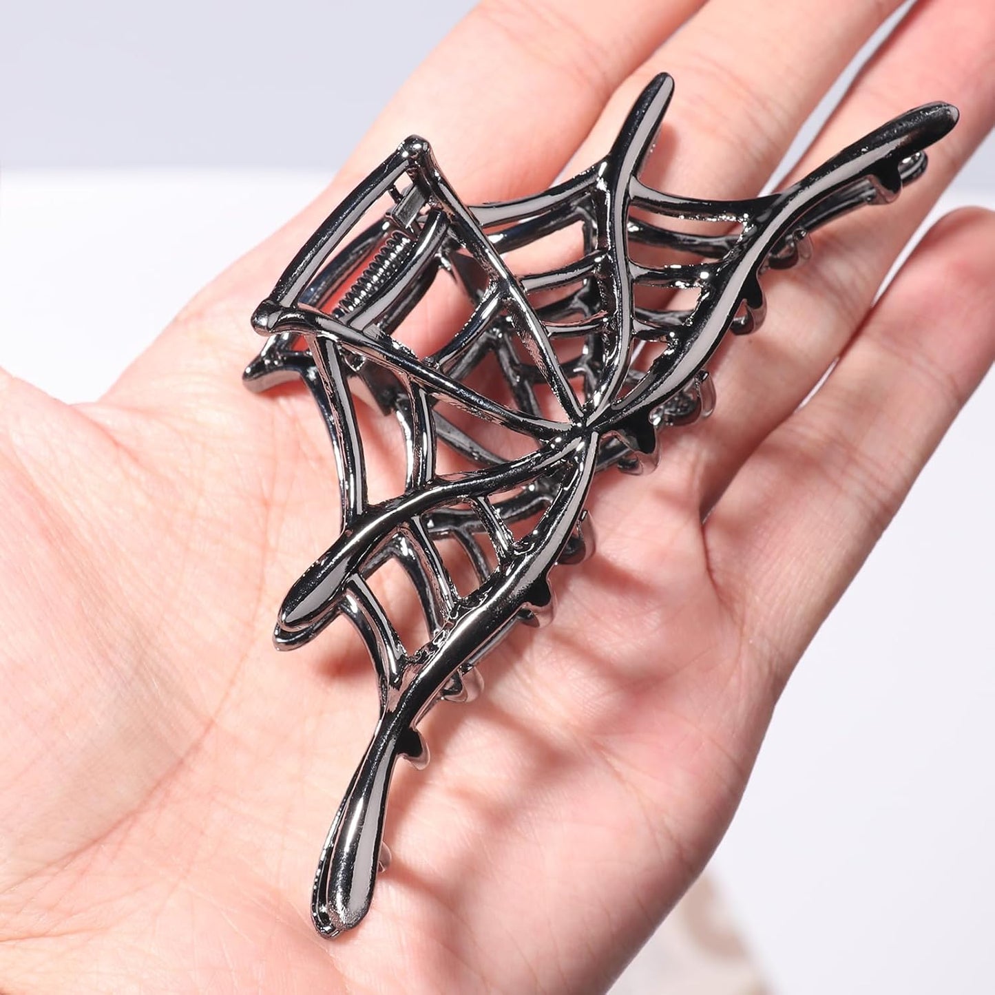 Halloween Spider Web Hair Claw Clips - Metal Black Alloy Nonslip Strong Hold Gothic Punk Catch Clips for Women's Thick or Thin Hairs