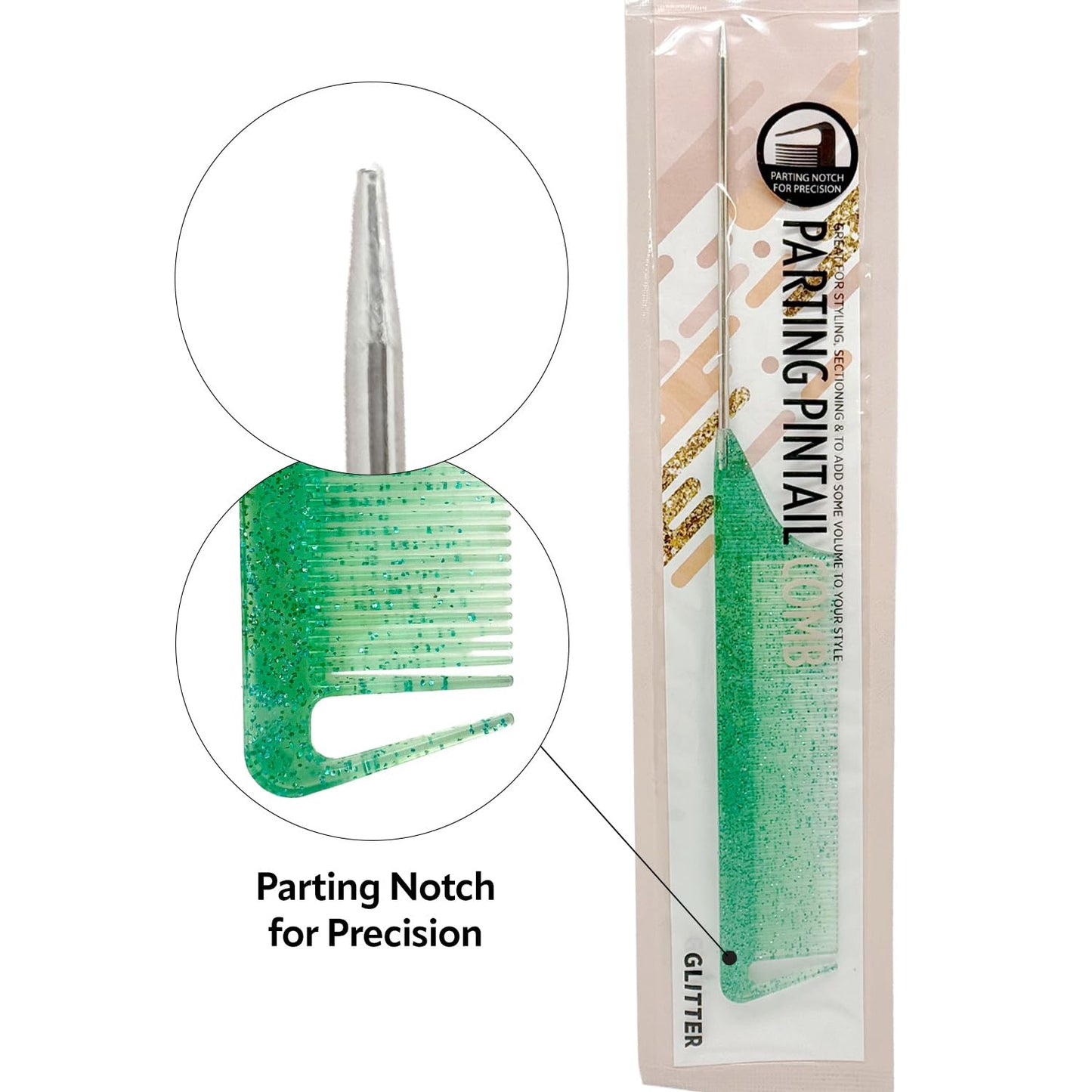Donna Pin Tail Parting Comb – Heat Resistant Teasing Tool,1PC (GREEN GLITTER)
