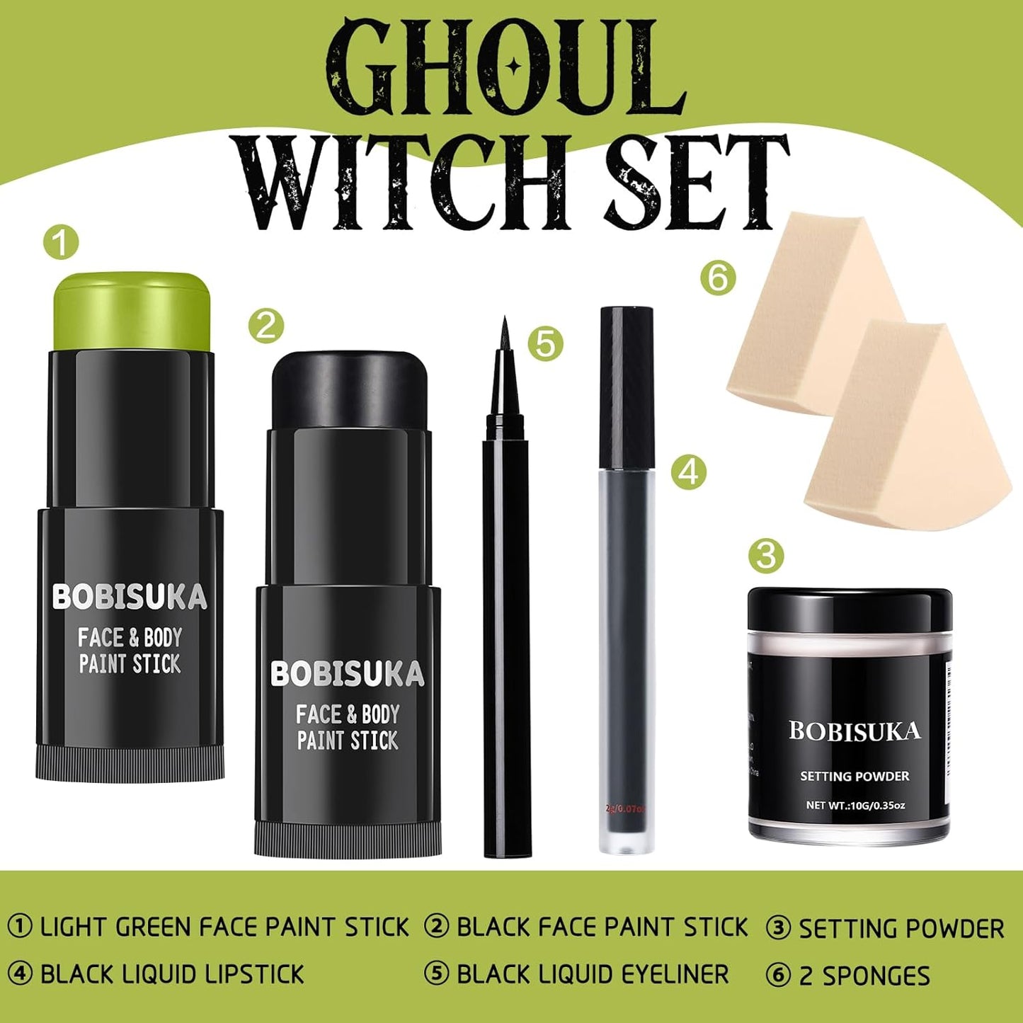 BOBISUKA Light Green & Black Face Body Paint Stick Kit with Black Lipstick & Eyeliner Pen, Setting Powder & 2 Sponges – Halloween Makeup Set for Beetle Juice, Demon, Monsters, Witches & Gothic Looks