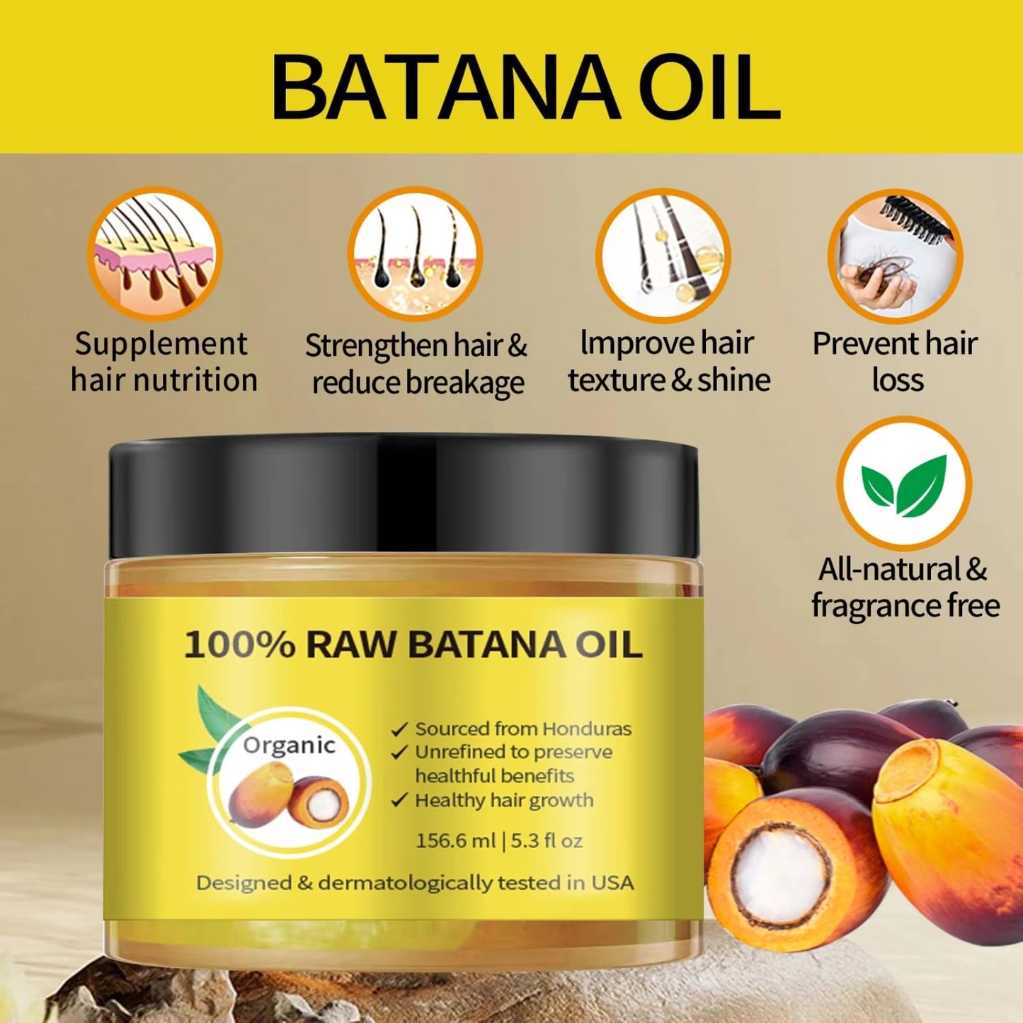 Batana Oil for Hair Growth – 100% Raw Unrefined Organic Ojon Oil from Honduras – Cold Pressed Hair Treatment for Thicker, Fuller, Healthier Hair – Dry Scalp & Damage Repair – 5.3 oz