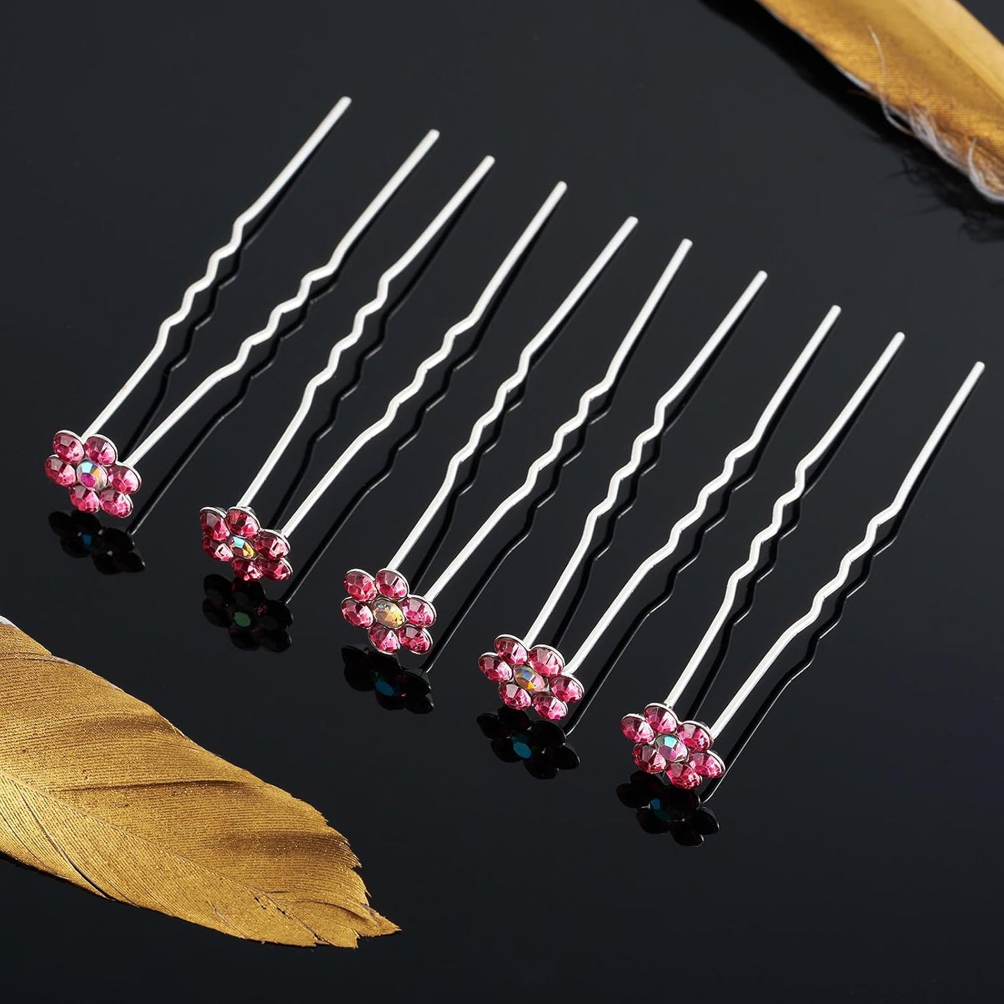 20 Pack (Pink) Crystal Flower Hair Pins Rhinestone Hair Clips for Bridal Wedding Women Hair Jewelry Accessories, with Clear Container