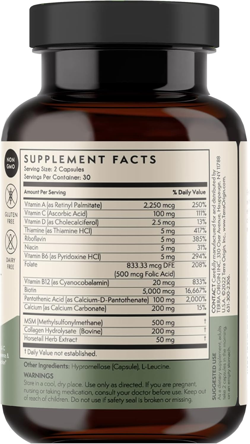 TERRA ORIGIN Healthy Hair, Skin and Nails Supplement | Collagen, Biotin, Horsetail & B-Complex | Supports Hair Strength, Skin Elasticity & Nail Growth | Vitamins for Women and Men | 60 Capsules