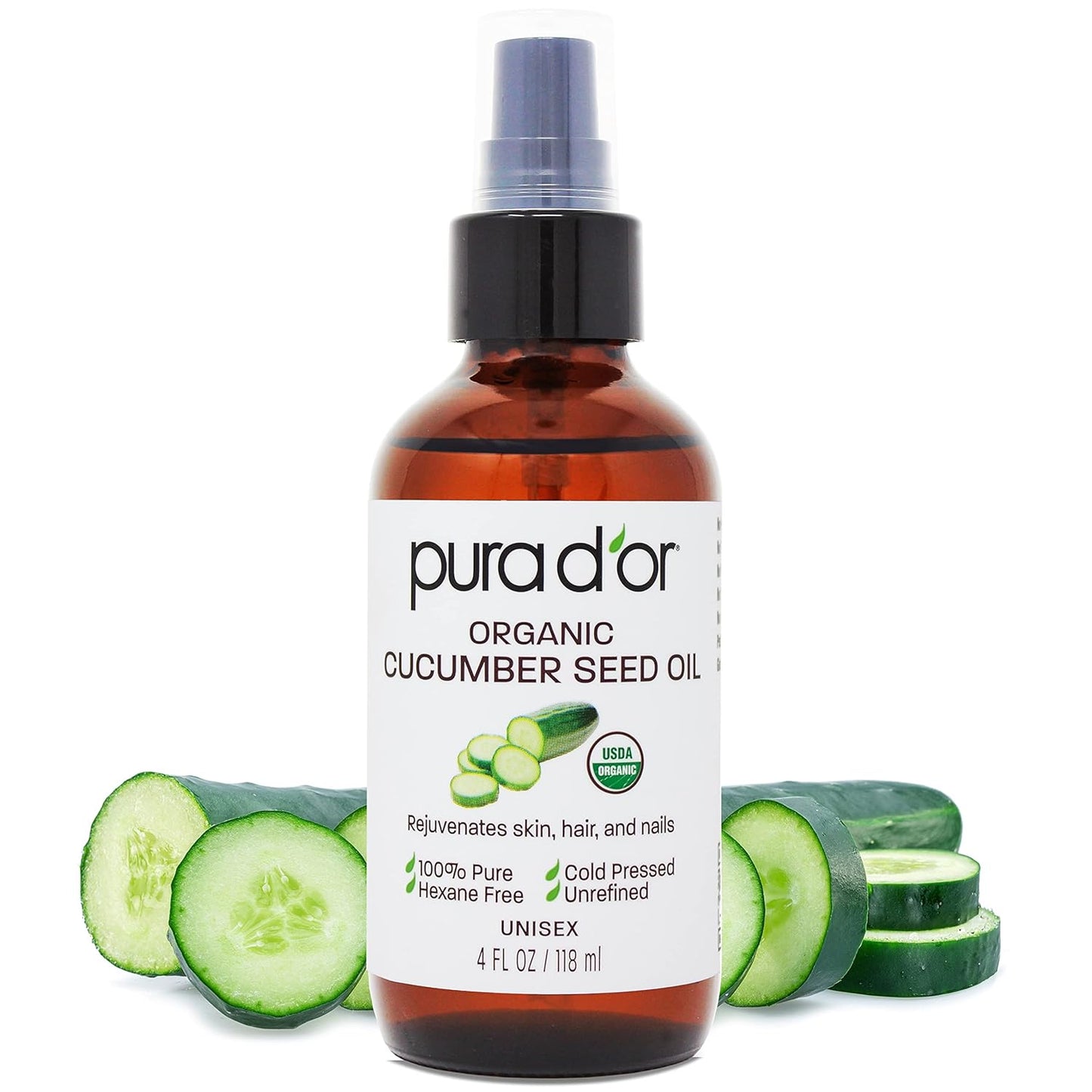 PURA D'OR 4 Oz Organic Cucumber Seed Oil100% Pure USDA Certified Premium Grade All Natural Moisturizer, Cold Pressed, Unrefined, Hexane-Free Base Carrier Oil for DIY Skin Care For Men & Women