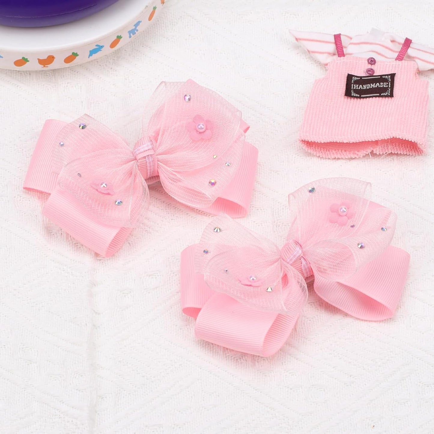 KISZU 4.5 Inch Flower Hair Bow Clips, Organza Bows with Pearls Big Hair Accessories for Baby Girls Kids Children Teens and Women (Pink)