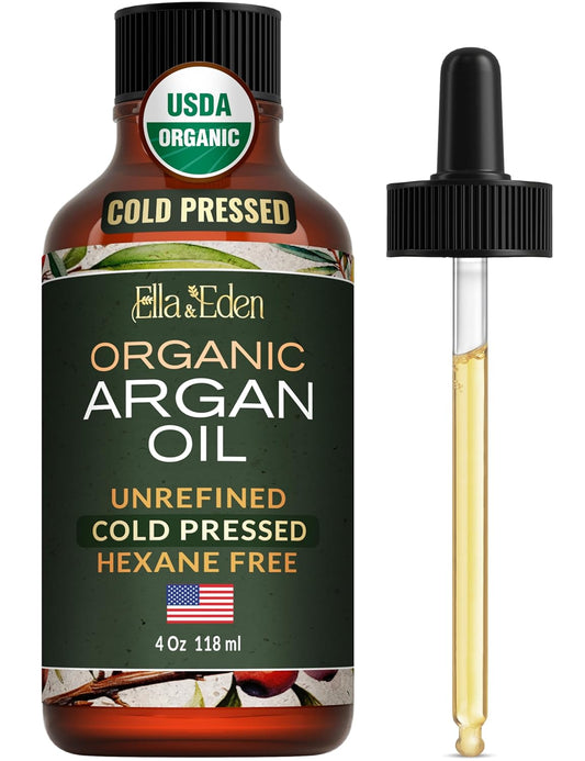 Ella & Eden Organic Moroccan Argan Oil – 100% Pure Cold-Pressed USDA Certified Unrefined – for Hair, Face & Skin – 4 oz Glass Bottle