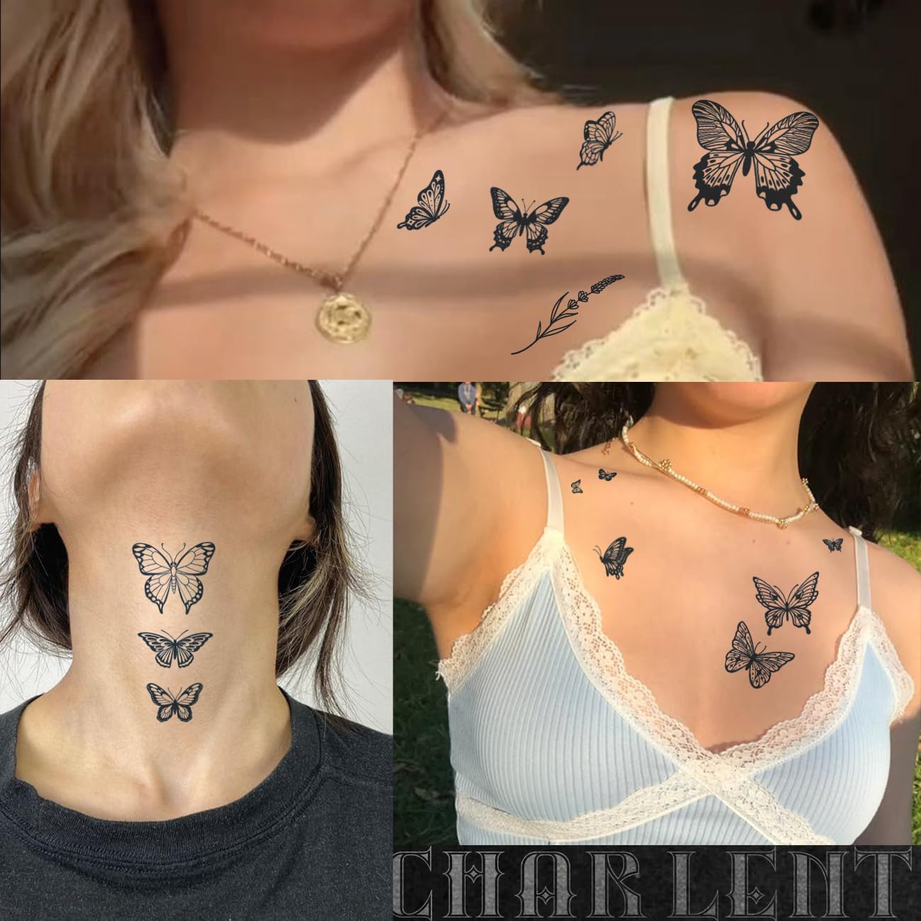 CHARLNET Butterfly Semi-Permanent Tattoos for Women - 2 Weeks Long Last,Realistic Butterfly Fake Tattoos for Body Art/Fades Naturally/No Reflection/Waterproof