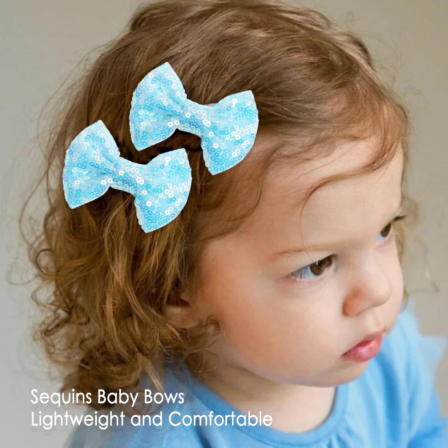 KISZU 3 Inch Glitter Hair Bows Clips, Sparkling Sequin Little Bow HairPins for Baby Girls Children Teens and Women (Light Blue)