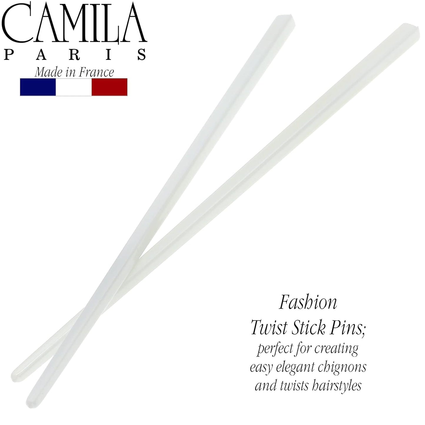 Camila Paris CP3177 French Twist Stick Hair Pin, Set of 2 White, Girls Chopsticks Hair Pins for Girls Spiral Updo Chignon Bun Holder, Styling Hair Accessories for Women, Made in France