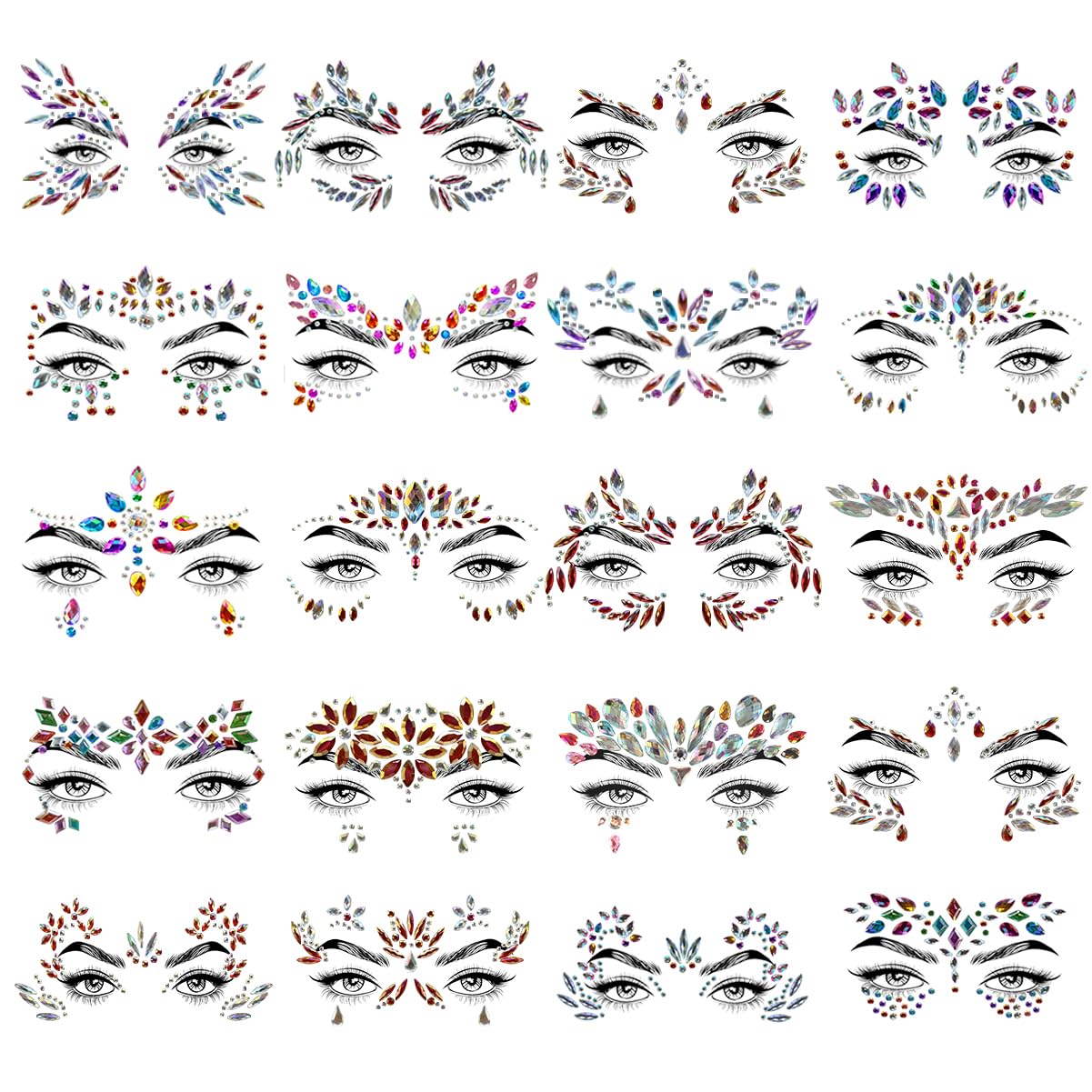 20 Sets Face Jewels Face Gems Mermaid Glitter Rhinestone Crystal Sticker Waterproof Eyes Face Temporary Tattoos for Party,Rave Festival,Carnival,Holiday Costumes,Rave Accessories,Makeup