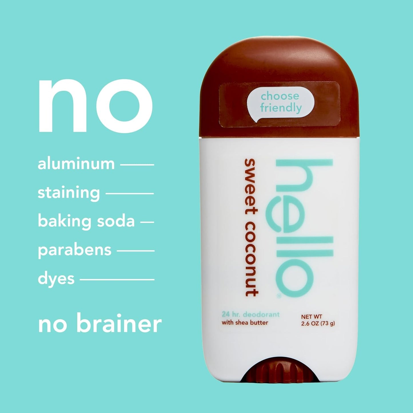 hello Sweet Coconut Deodorant With Shea Butter for Women + Men, Aluminum Free, Baking Soda Free, Parabens Free, 24 Hour Odor Protection, 2.6 Ounce, 2 Pack