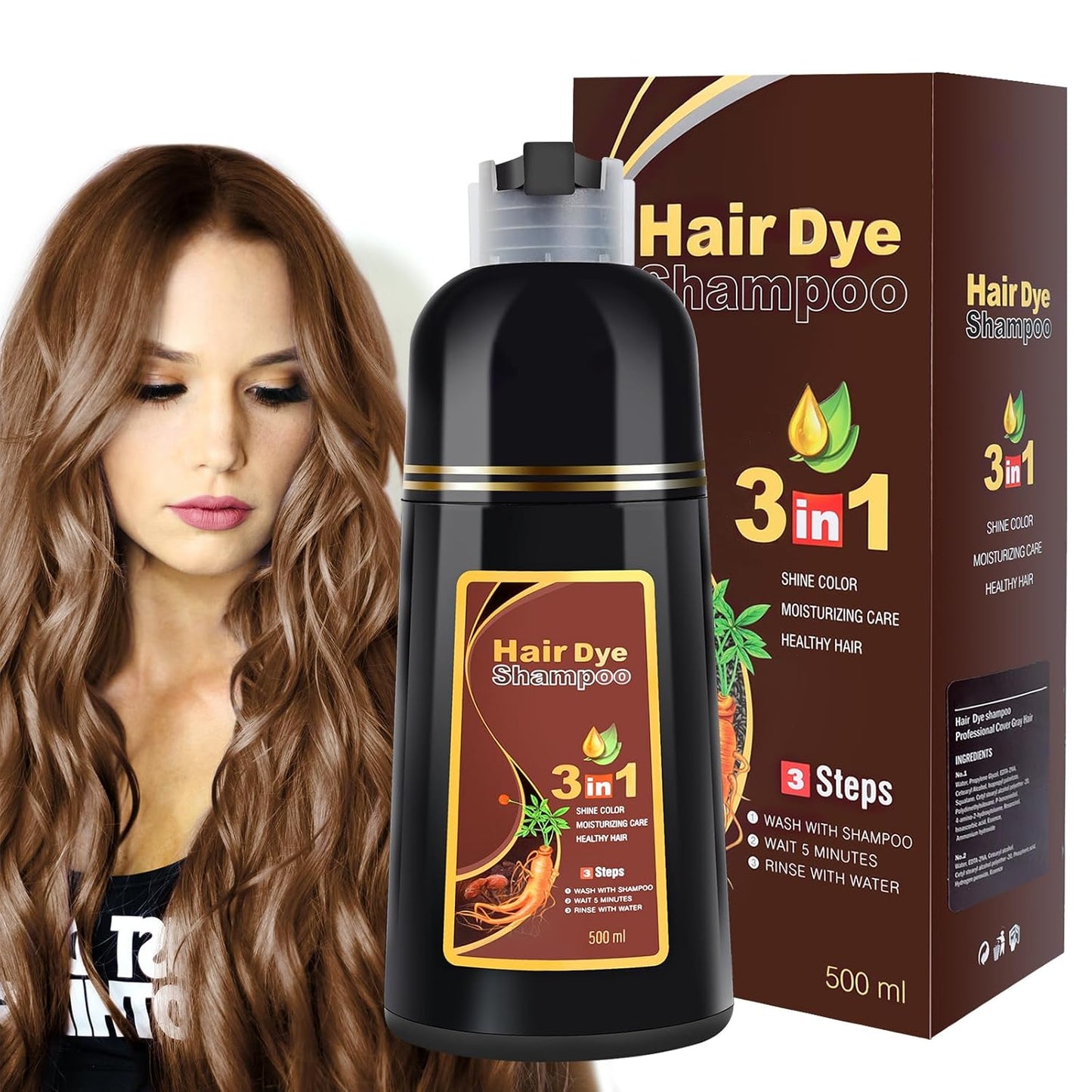 IIIMEIDU Chestnut Brown Hair Dye, Herbal Hair Color for Gray Hair Coverage, Color Shampoo for Women and Men, 3 in 1 Natural Ingredients, 500ml