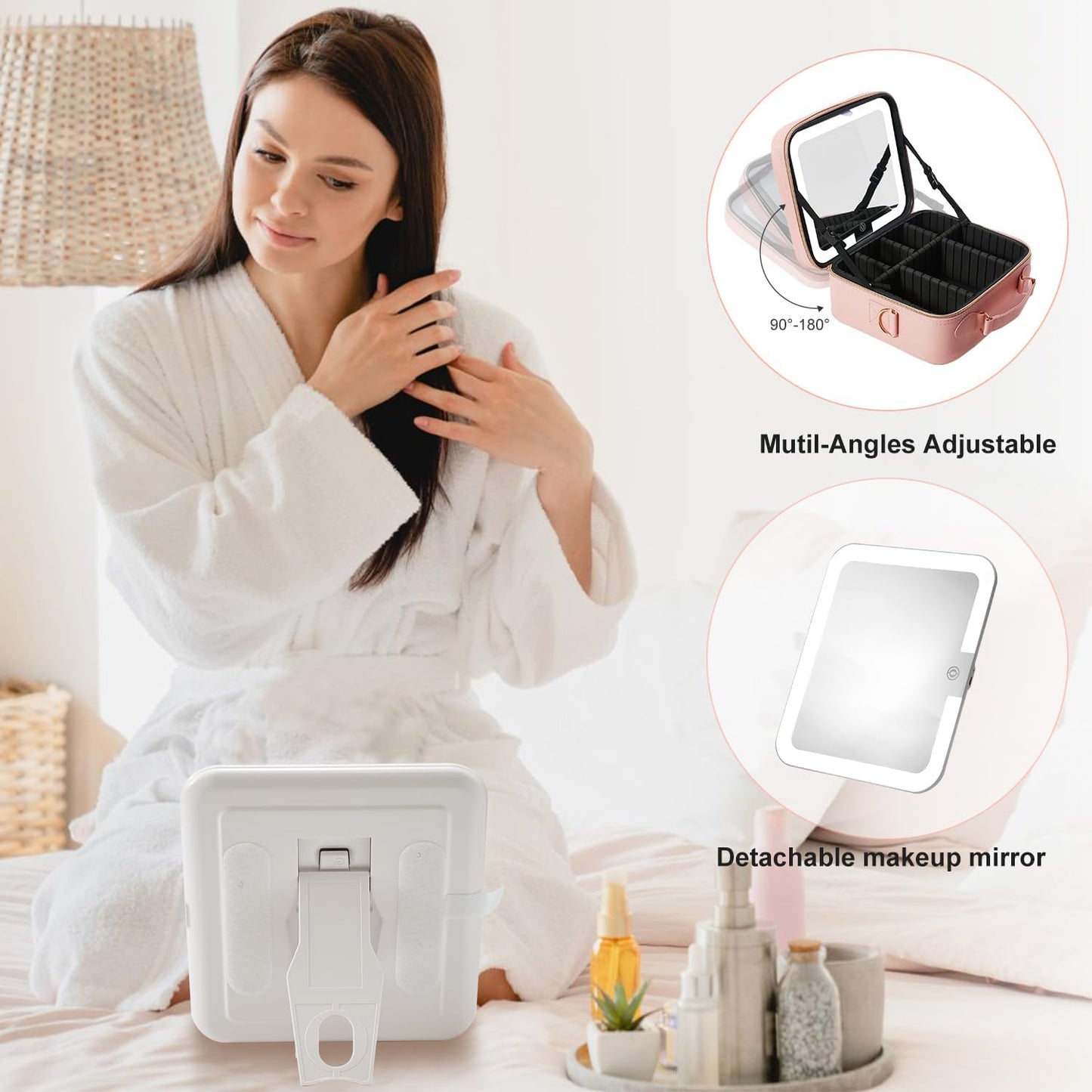 Mocado Travel Makeup Bag with LED Lighted Mirror,Travel Makeup Organizer,Makeup Case with 8 Makeup Brushes and 10x Magnifying Mirror,3 Colors Lighting, Adjustable Dividers Makeup Box(Pink)