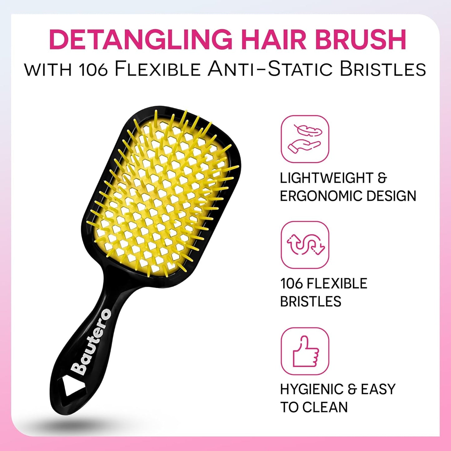 Detangling Hair Brush Saku Sunflower with Anti-Static Bristles, Black Pink, 8.9x3.15 Inch, 106 Flexible Bristles, Lightweight Ergonomic Design for Wet Dry Hair, Pain-Free Knot Removal