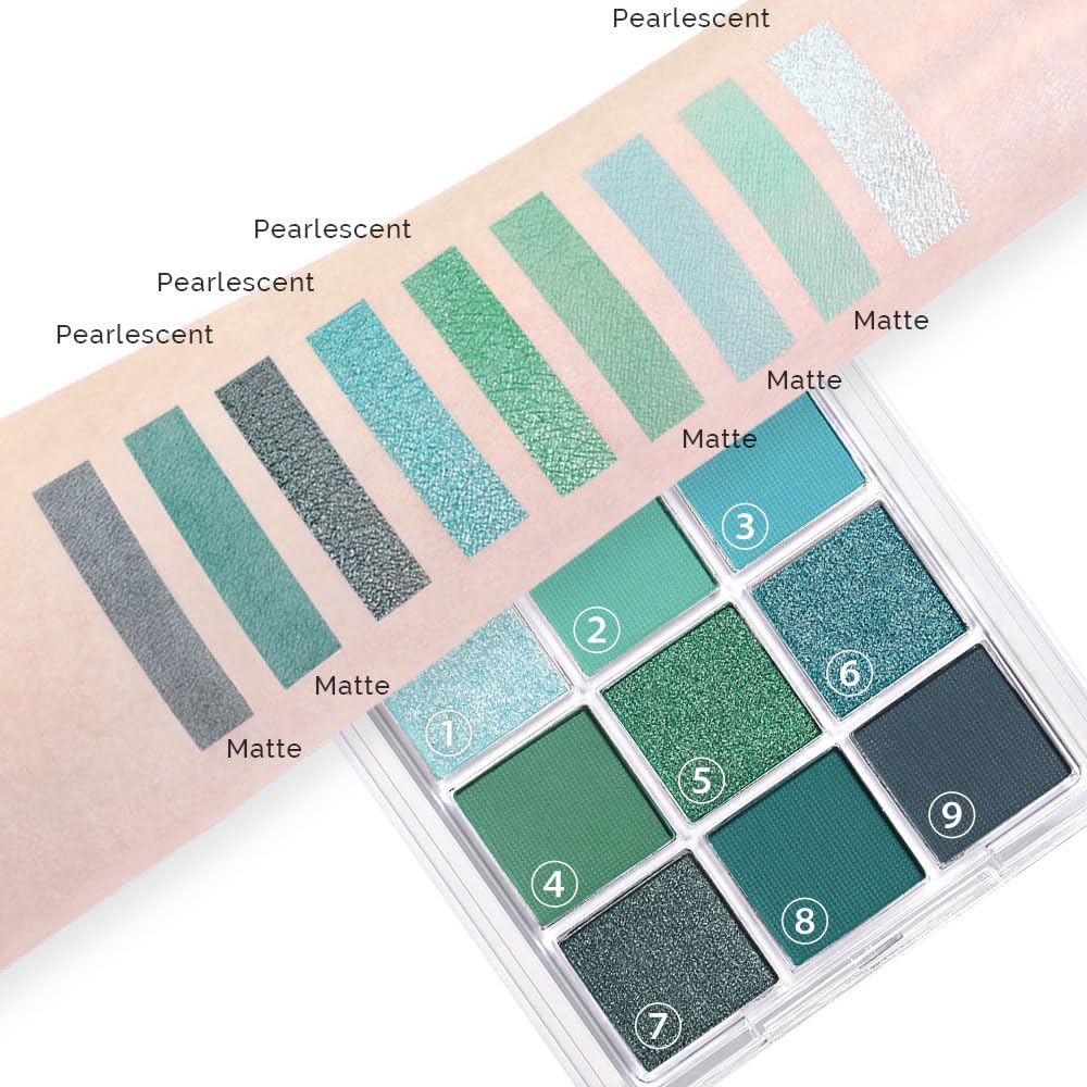 evpct 9 Colors Green Eyeshadow Palette, Light Bright Emerald Dark Teal Green Glitter Metallic Shimmer Sparkly Eye Shadow Eyeshadow Palette Makeup for Older Women Blue Eyes, Highly Pigmented Waterproof