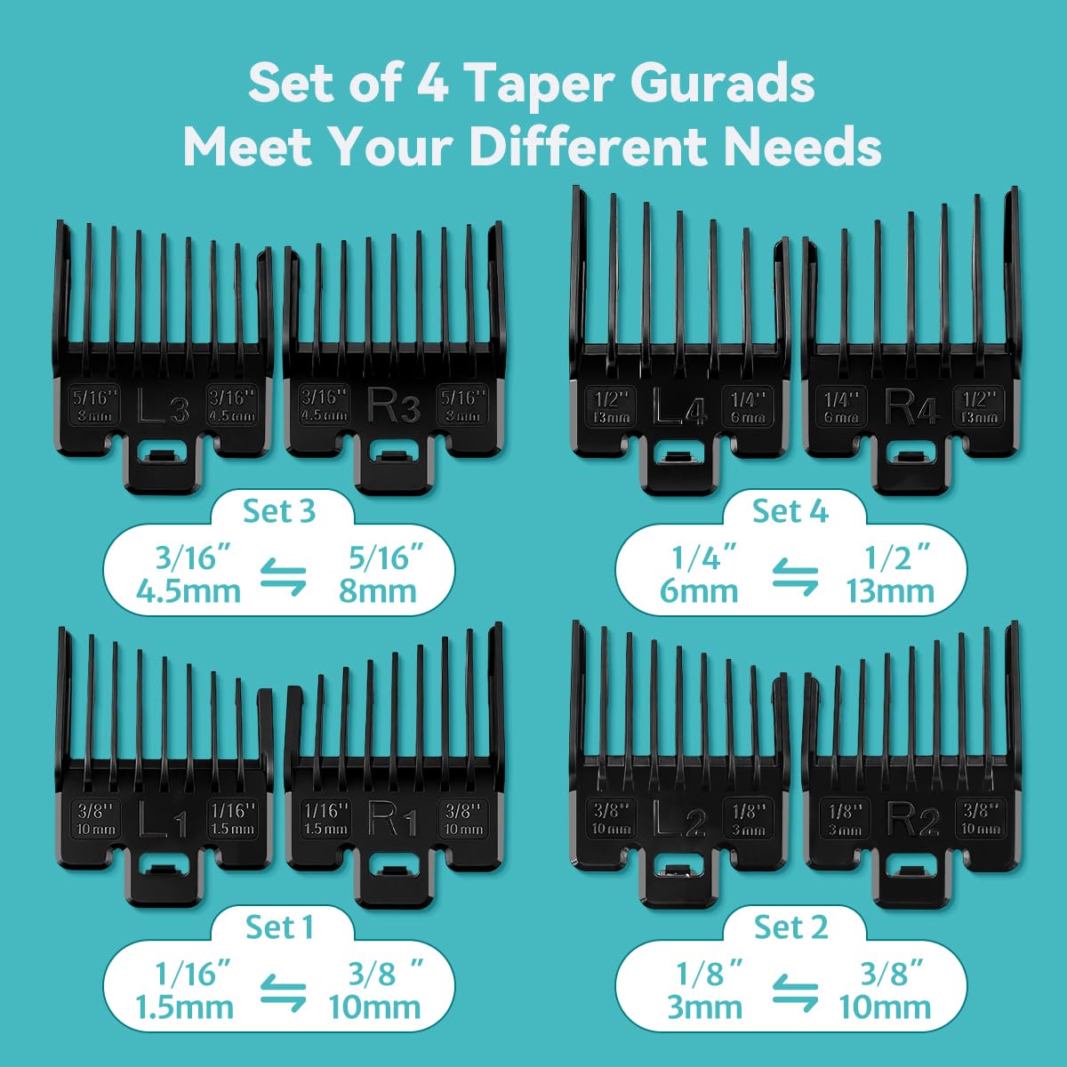Fade Guide Set Compatible with Most Wahl Clippers, Taper Guards Replacement 4 Sets, Black Color