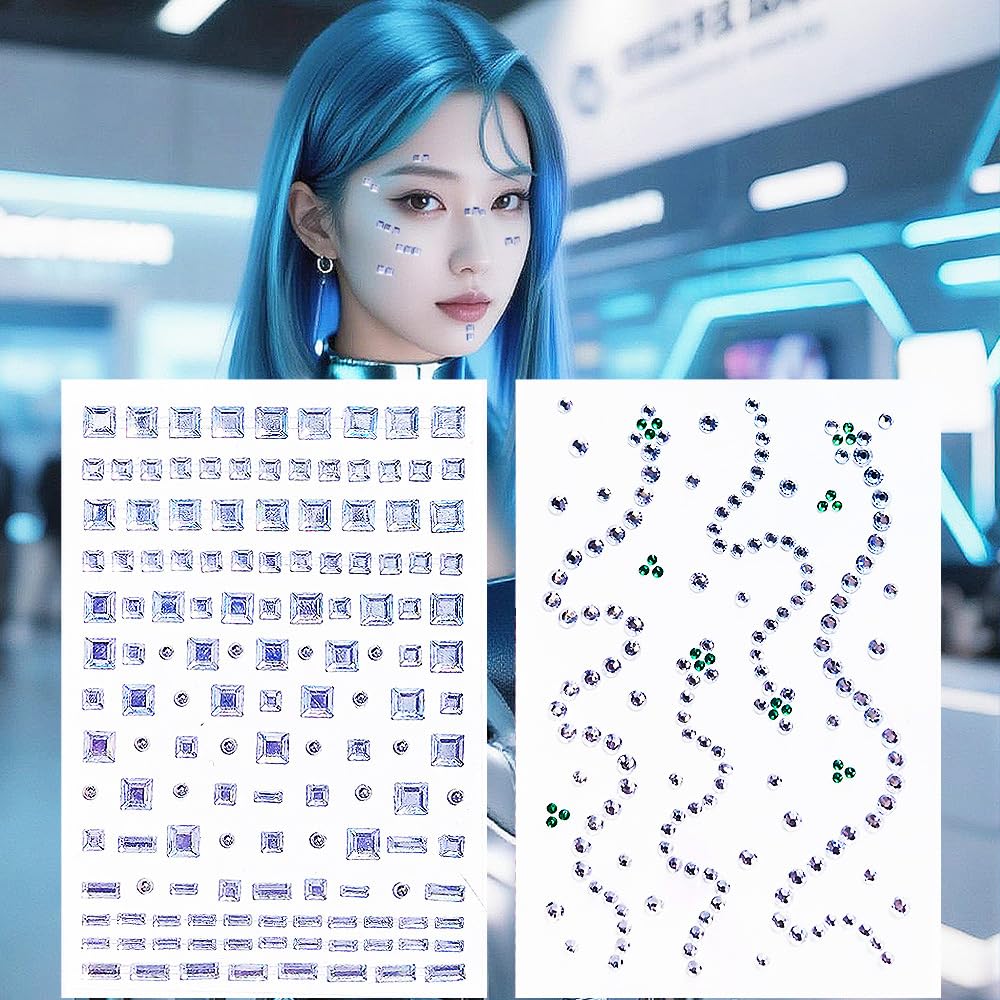 Snake Eye Corners Jewels Square Bindi Rhinestone Festival Face Gems Tattoo Decorations Jewels Body Glitter Crystal Sticker Temporary Tattoo, 2-Pack