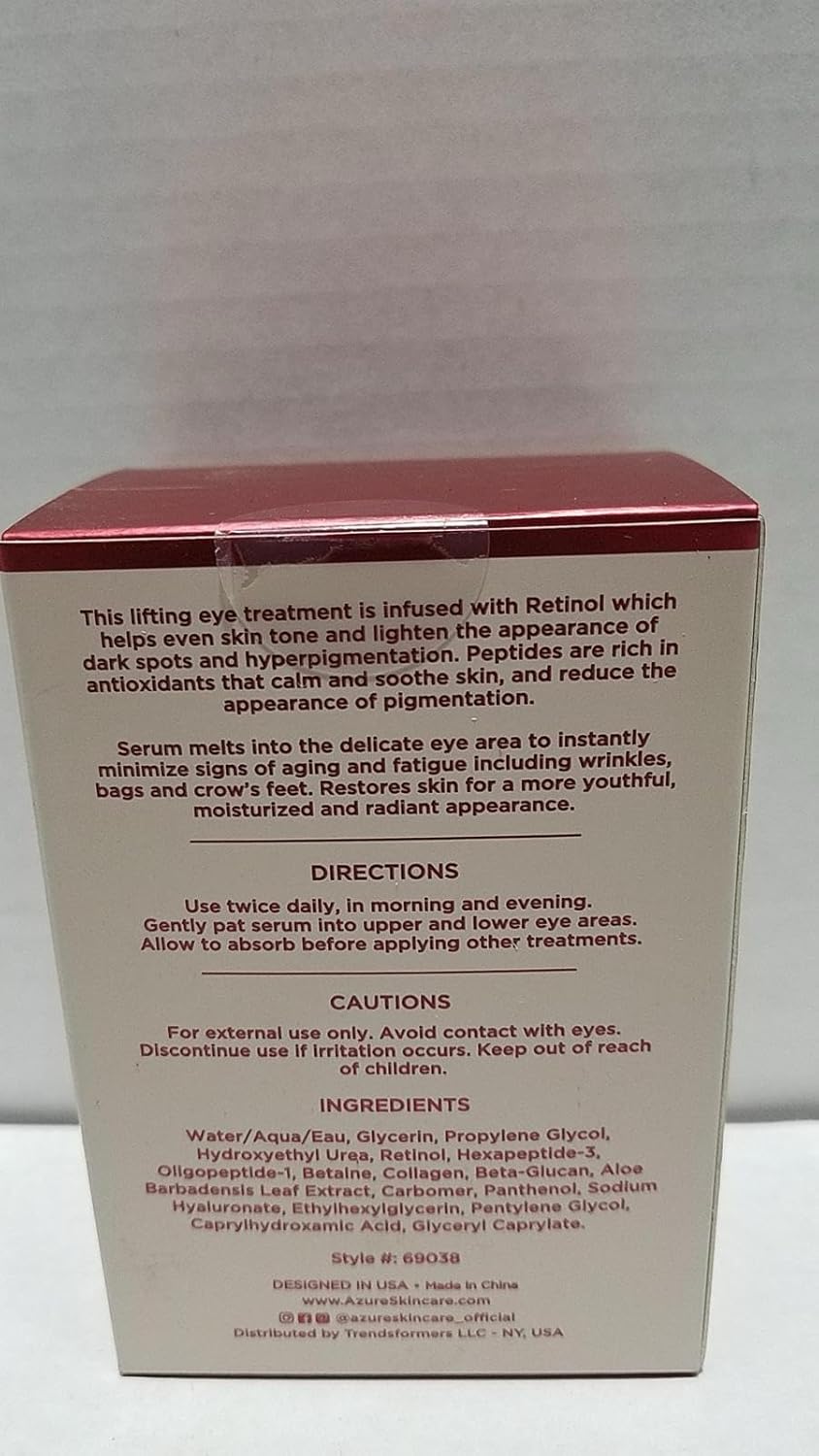 AZURE Retinol & Peptides Lifting Eye Serum - Anti Aging, De-Puffing & Revitalizing Dark Circle Corrector - Reduces Wrinkles, Fine Lines & Under Eye Bags - Skin Care Made in Korea - 30mL - 2 pack.