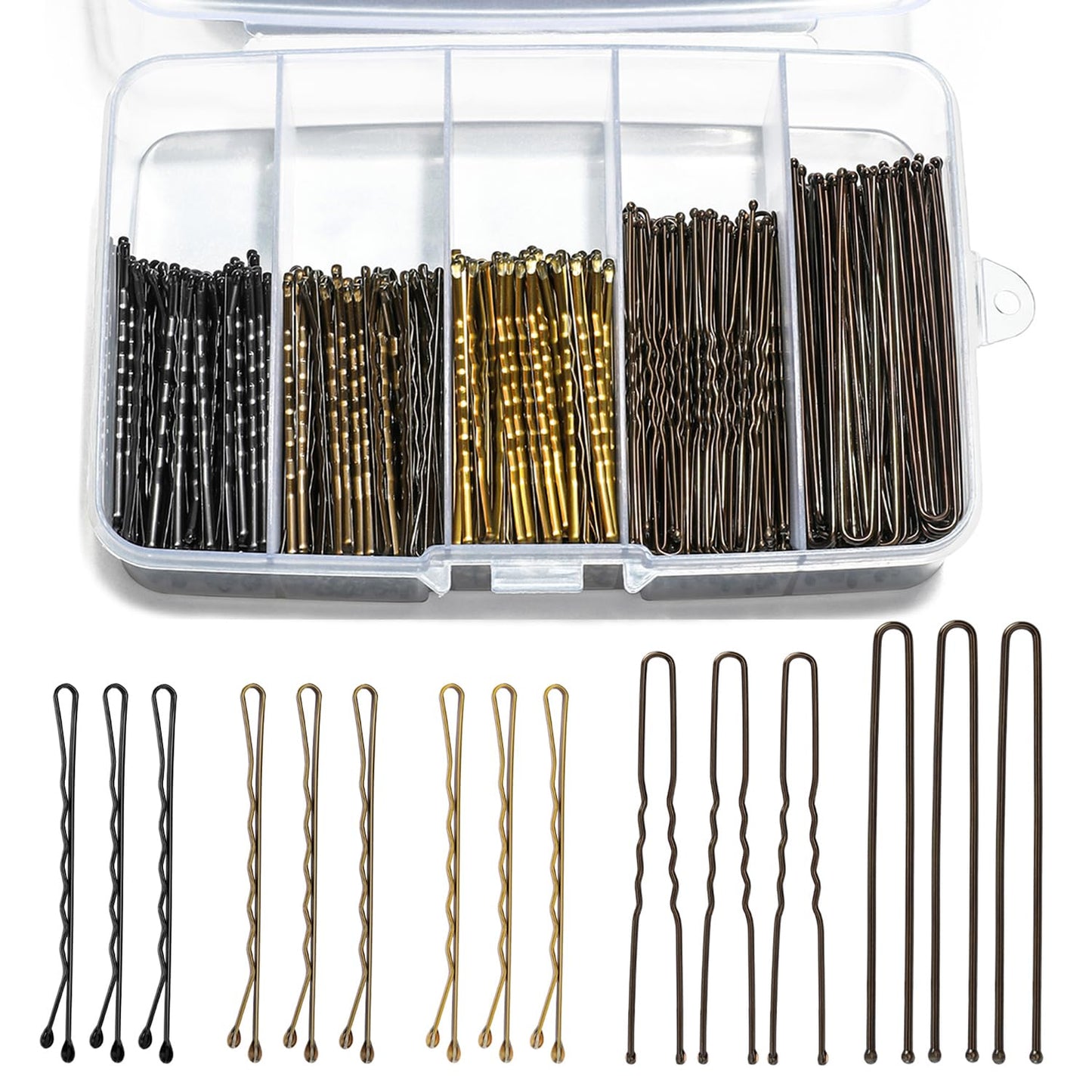 Bobby Pins and Hair Pins Combo Box 500PCS, Big Quantity Hair Pins Kit Black Brown Gold Bobby Pins and U Shape Brown for Styling Hair with Storage Box 2" / 2.4" / 2.6” for Women