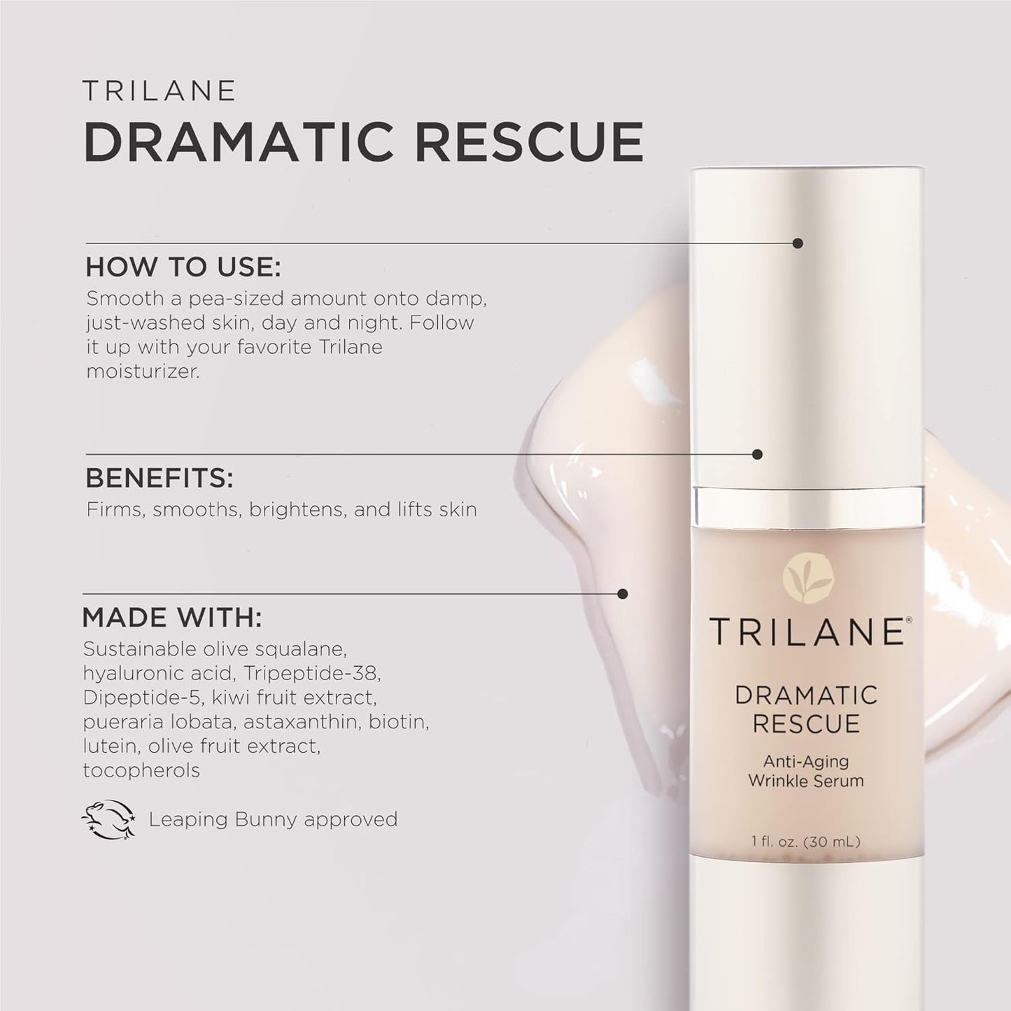 Trilane Dramatic Rescue Anti-Aging Serum with Sustainable, Olive Squalane Firms, Smooths, and Lifts for Younger Looking Skin. Cruelty-Free, 1 fl. Oz