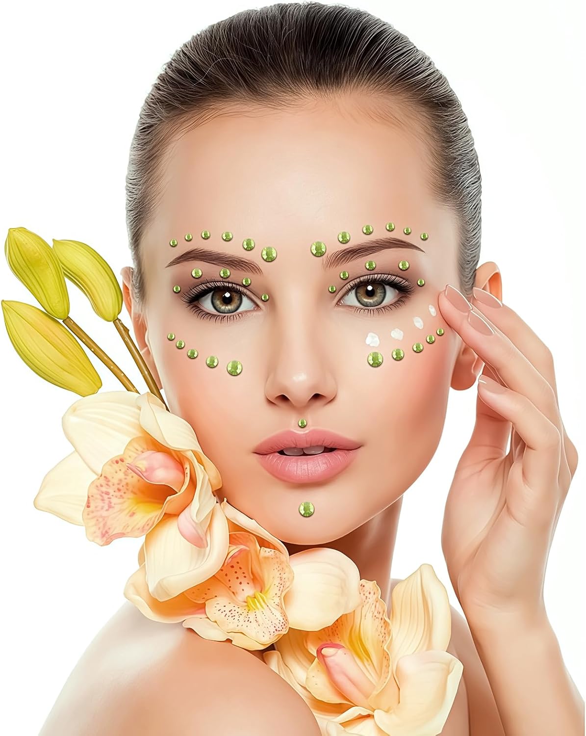 591pcs Face Gems Hair Gems Pearls, Self-Adhesive Face Jewels Eye Rhinestones 3/4/5/6/8 mm Face Gem Stick on, Halloween Makeup Gems Rave Accessories for Face Eyes Body Makeup (08.Light Yellow)