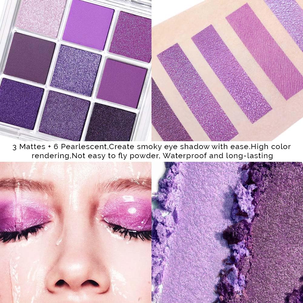 evpct 9 Colors Purple Glitter Eyeshadow Palette, Lavender Violet Purple Pink Glitter Metallic Shimmer Sparkly Eye Shadow Palette Makeup for Older Women Blue Eyes, Highly Pigmented Waterproof eyeshadow
