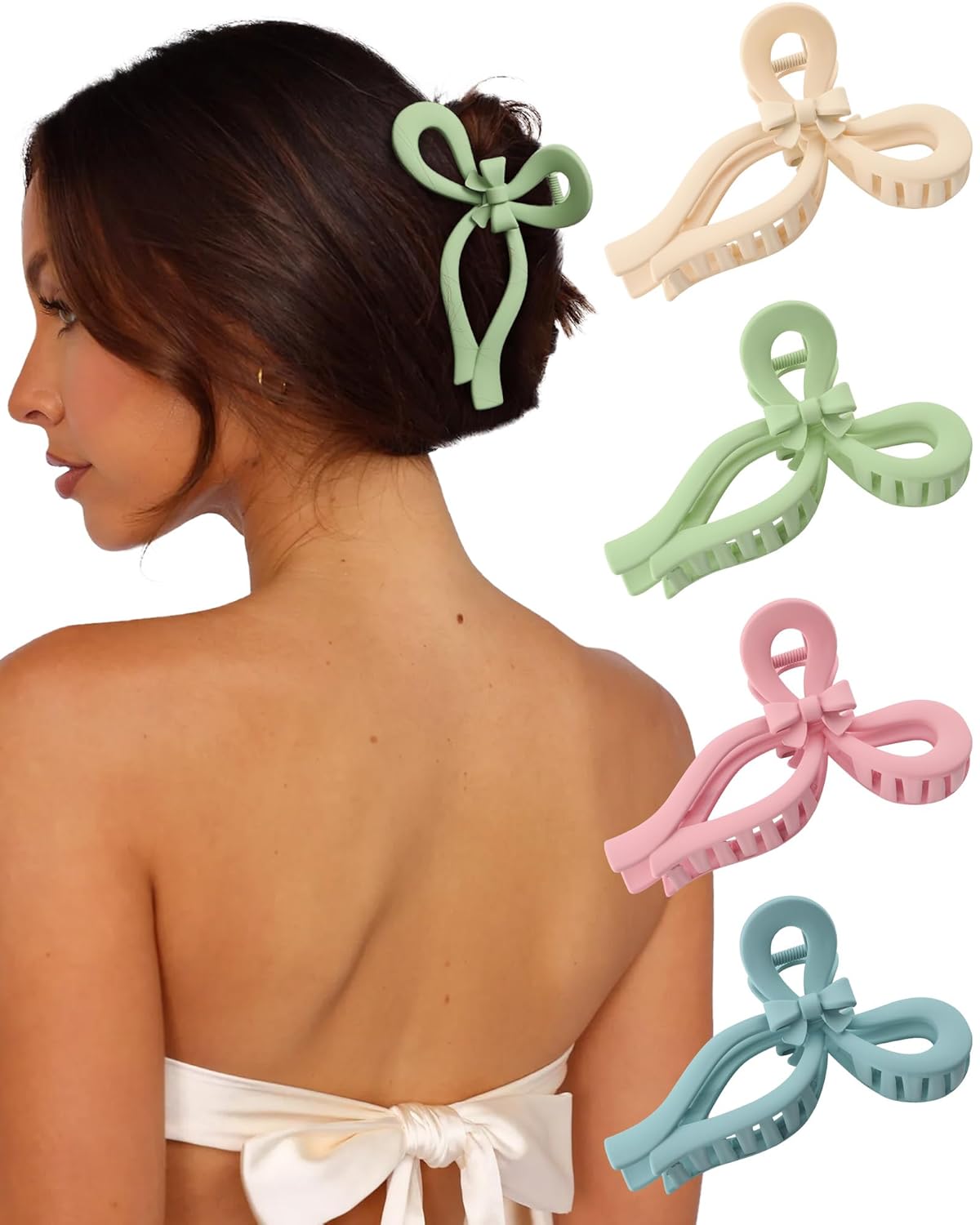 4 PCS Bow Hair Clips Bow Claw Clip for Women Nonslip Large Hair Claw Clips for Thin and Thick Hair Strong Hold Hair Bows (Pink+Blue+Green+Off-White)